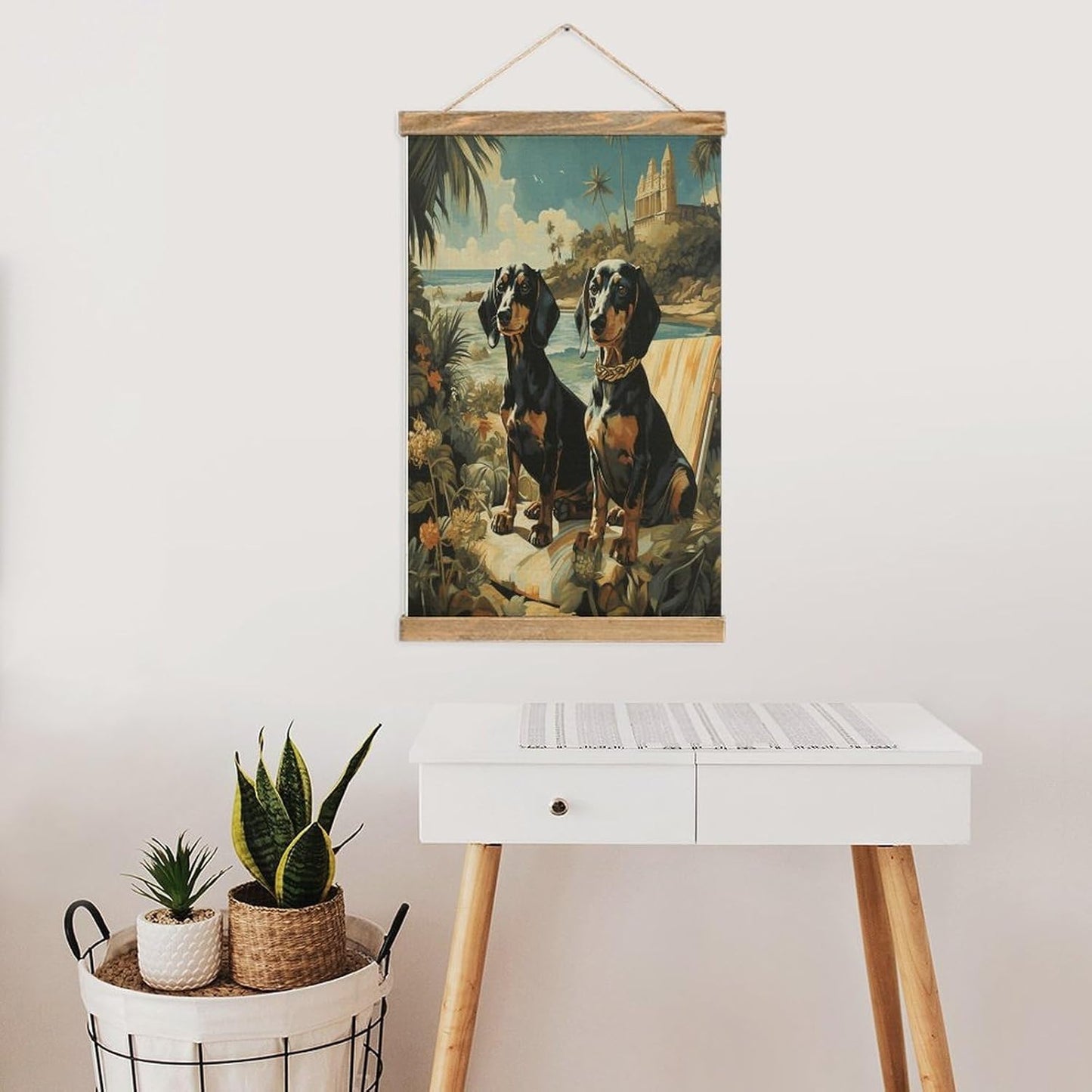 Vintage Dachshund Dog Bento Poster with Wooden Frame Personalized Linen Hanging Scroll Painting Rustic Wall Hanging Illustrative Modern Artwork Decor for Home Living Room Bedroom Office