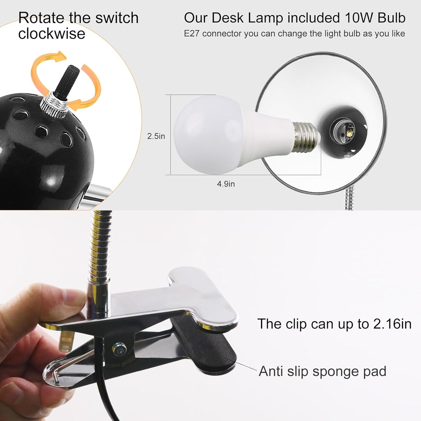 Desk Lamp, Eye Protection Clip on Light, LED Clamp Lights, Adjustable Clip Lamp, for Bedroom and Dorm Study, Late-Night Reading, Cramming for Exams Small Areas Lights, White Light