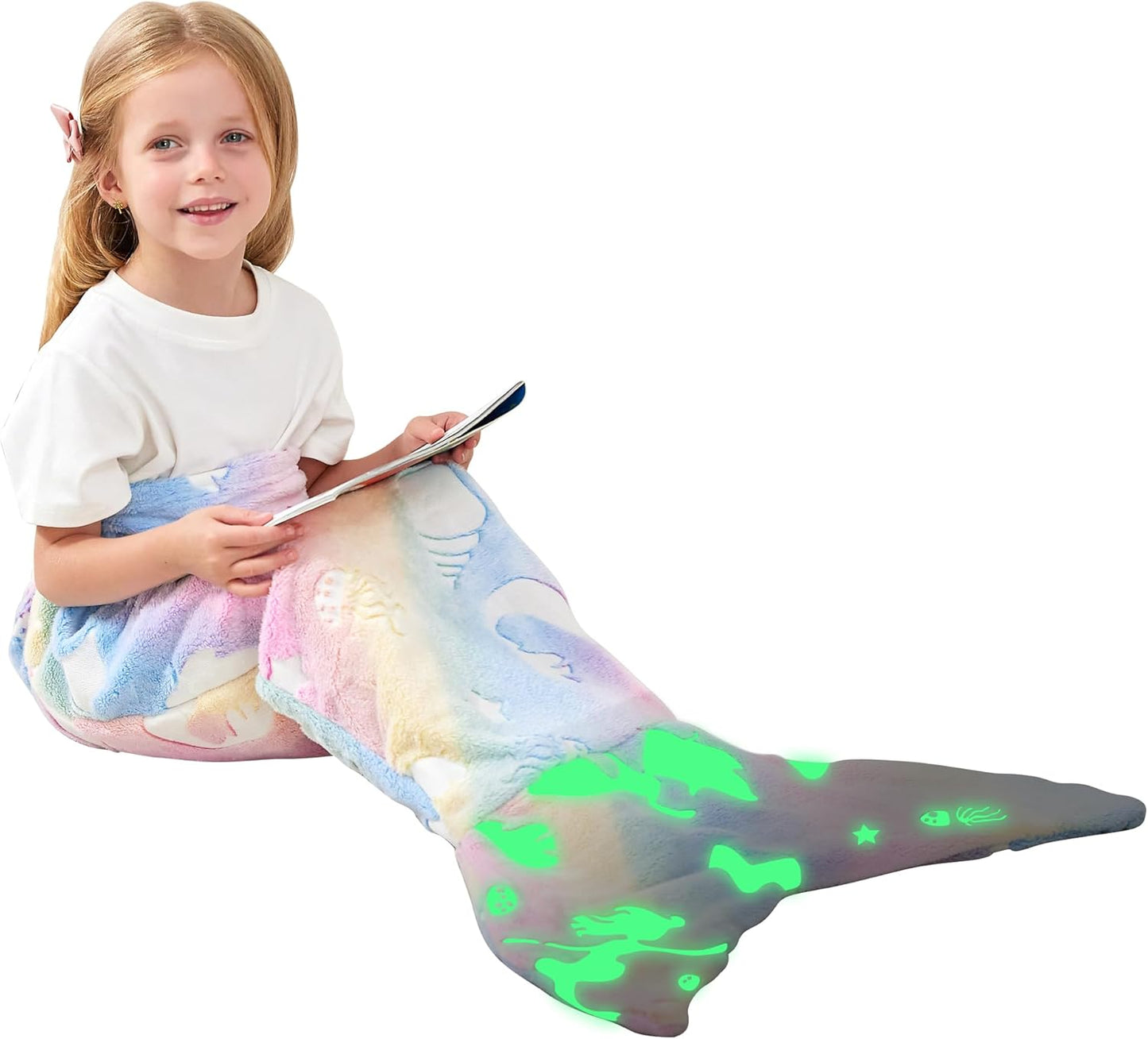 Viviland Kids Mermaid Tail Blanket - Mermaid Tail Blankets Glow in The Dark - Flannel Mermaid Blanket Gifts for Girls - Luminous Unicorn Super Soft Tie Dye Girls - Multicolor Jellyfish 17"×39"