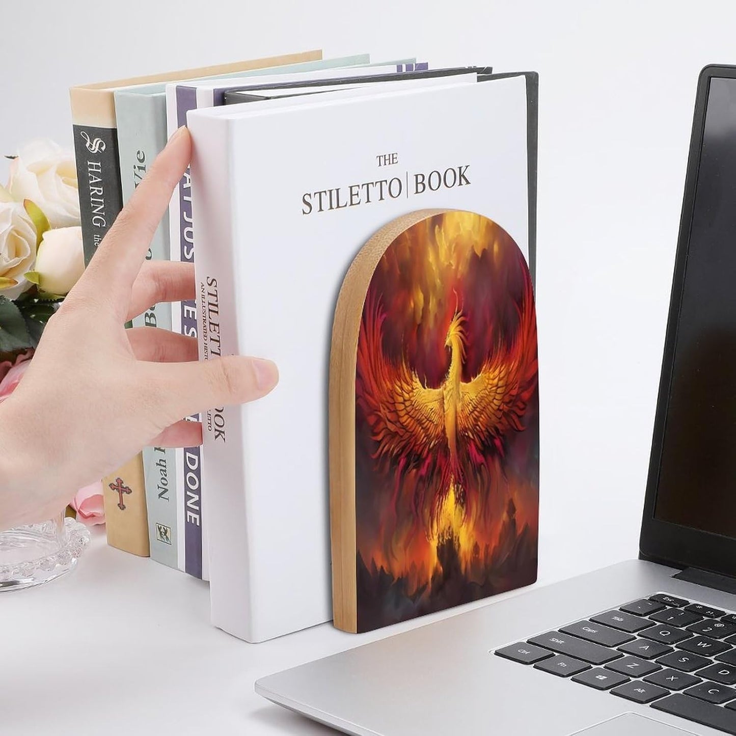 Fantasy Phoenix Wooden Bookend Non-Slip Book Ends Heavy Duty Book Stopper with Metal Base Books Holderd Decorative Bookends Stands Firmly for Office Supplies