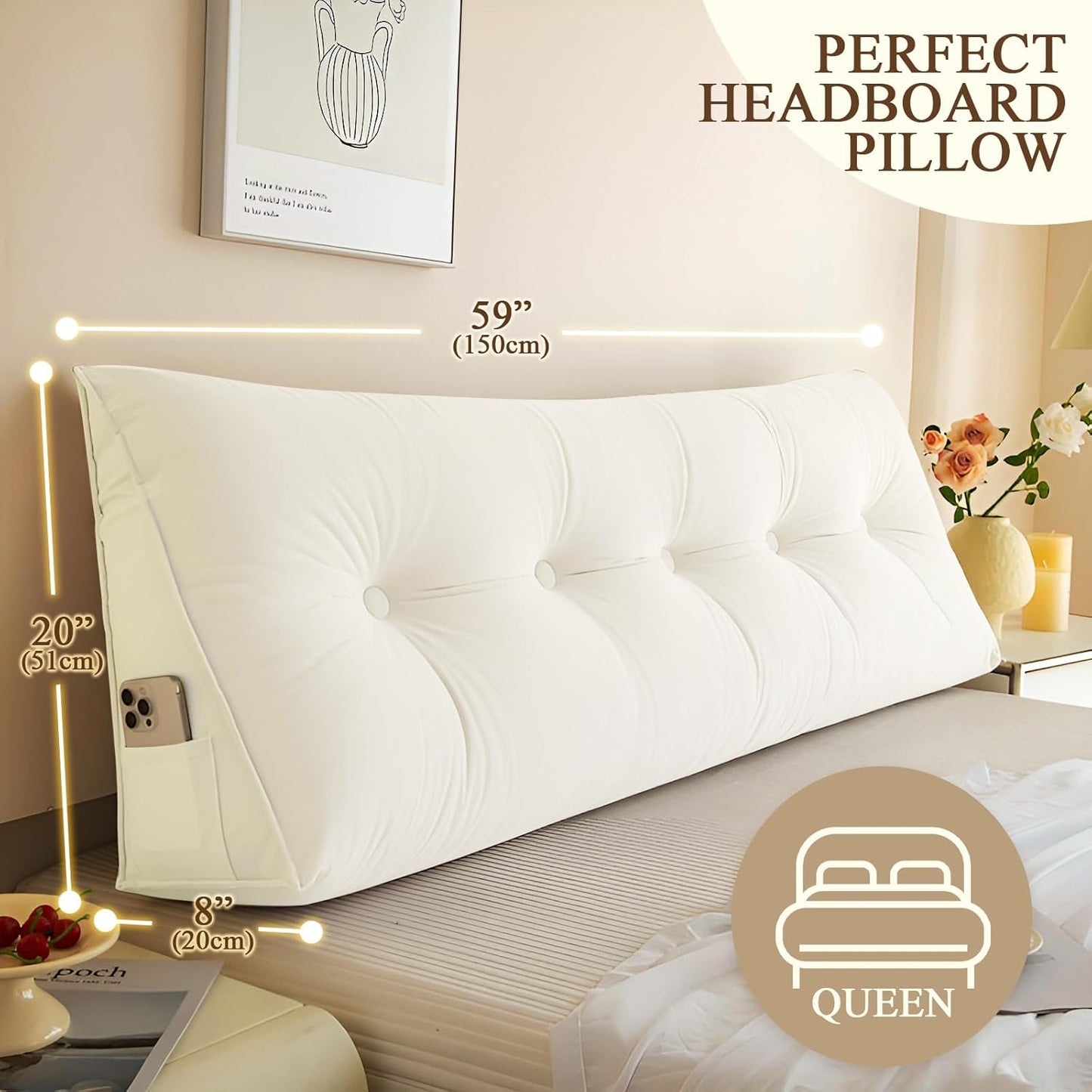 Headboard Pillow Queen, Large Triangular Wedge Headboard Pillow for Reading and Resting, Backrest Positioning Support Pillow with Removable Cover (Cream)