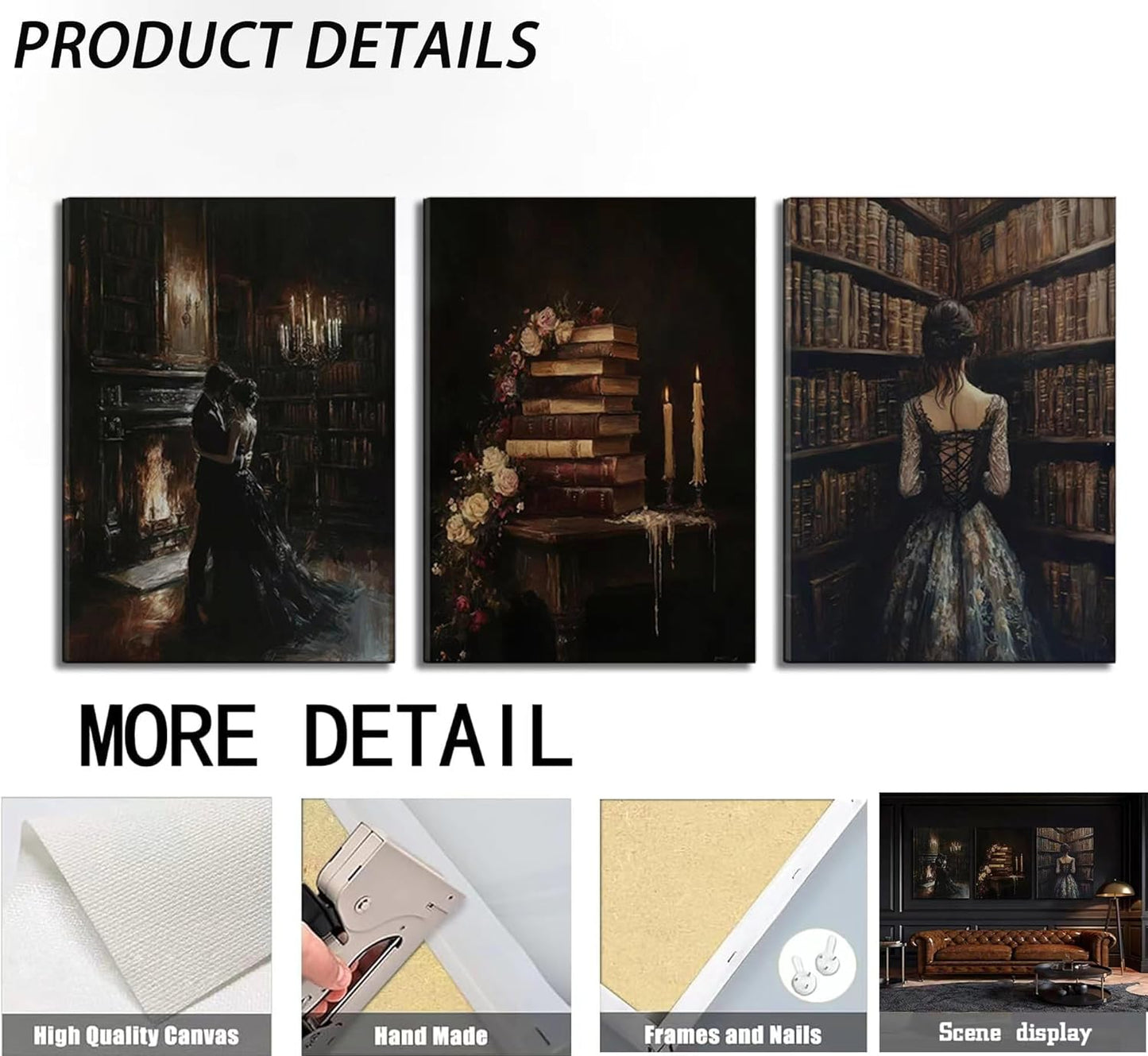 3pcs Vintage Library Canvas Wall Art Gothic Dark Academia Aesthetic Posters Prints Paintings Victorian Antique Book Wall Decor Pictures for Living Room Bedroom Reading Room Home Decorate Unframed