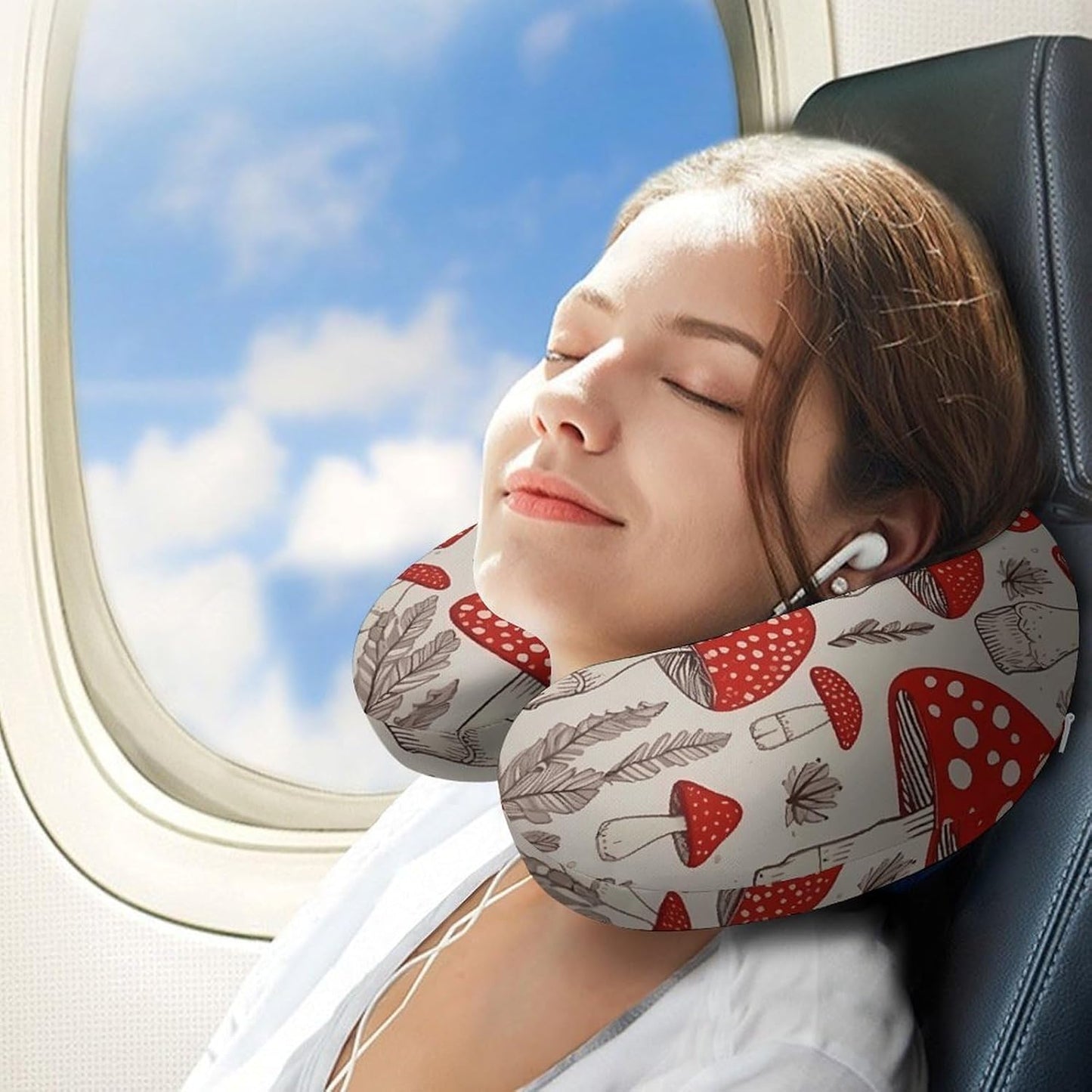 Red White Mushroom Neck Pillow Memory Foam U Shaped Pillows Portable Pillows for Shoulder Travel Head Support Pillow with Concealed Zipper for Airplane Car Home Office