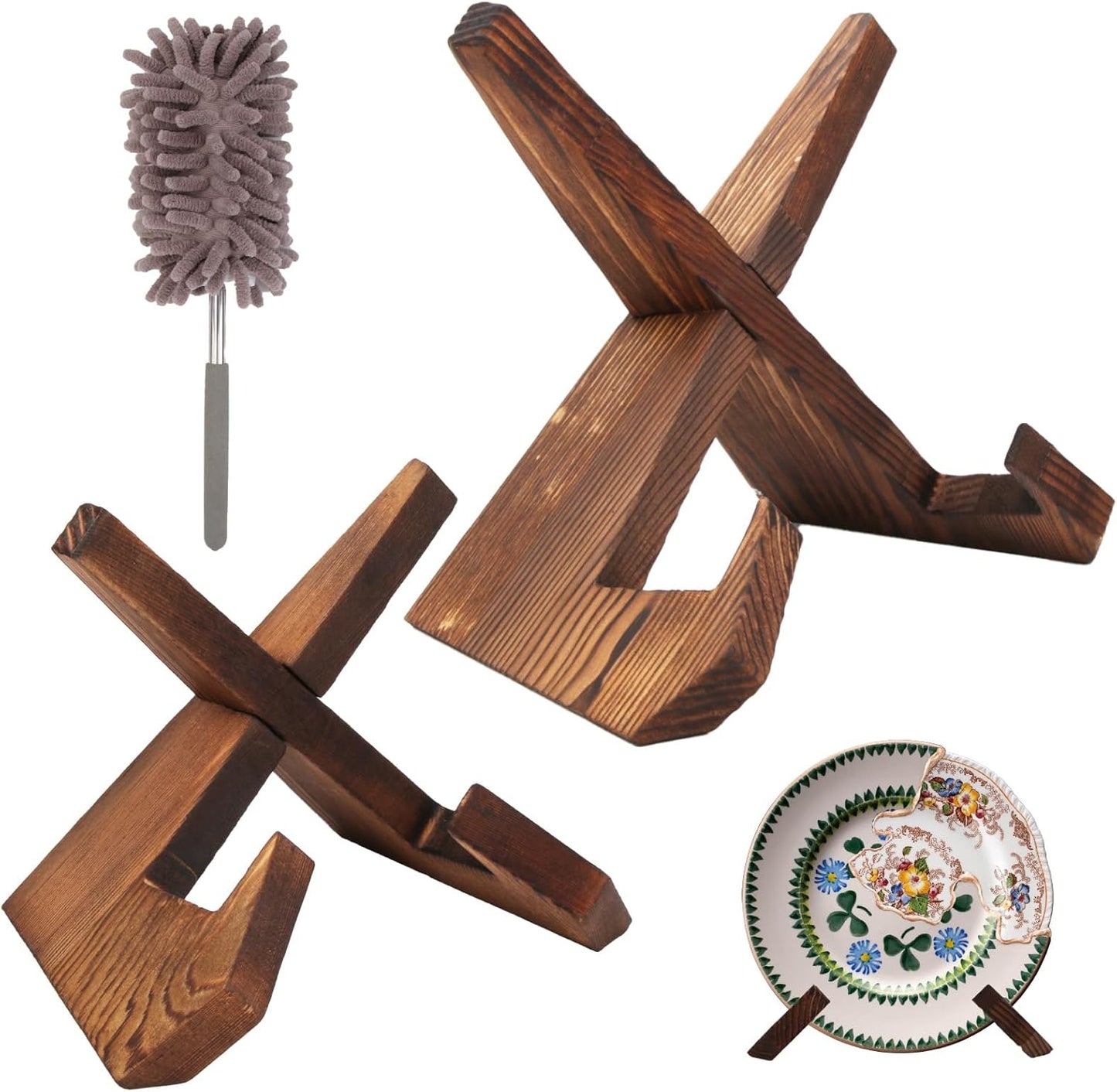 2 Pack Wooden Display Stands with Mini Duster, Easel Plate Bowl Holders for Display Frame Platter Dish, Decorative Stand for Cookbook Art Vinyl Record Photo Artist Home Office Collector (6" & 7.8")