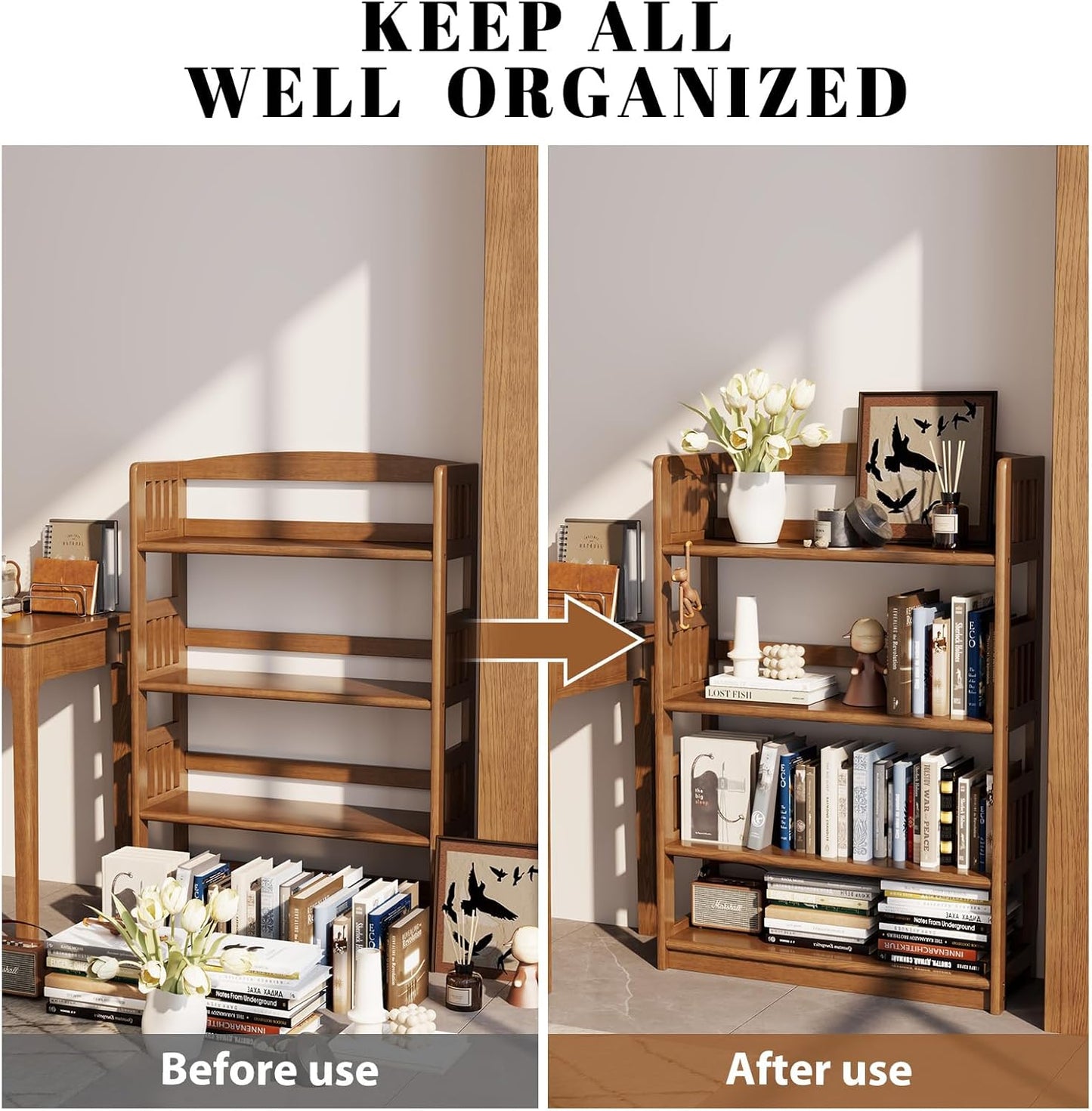 4 Tier Solid Wood Open Shelf Bookcase,Modern Wooden Display Bookshelf,Farmhouse Wide Bookshelves, Freestanding Storage Cabinet for Study Room Office Living Room sunroom