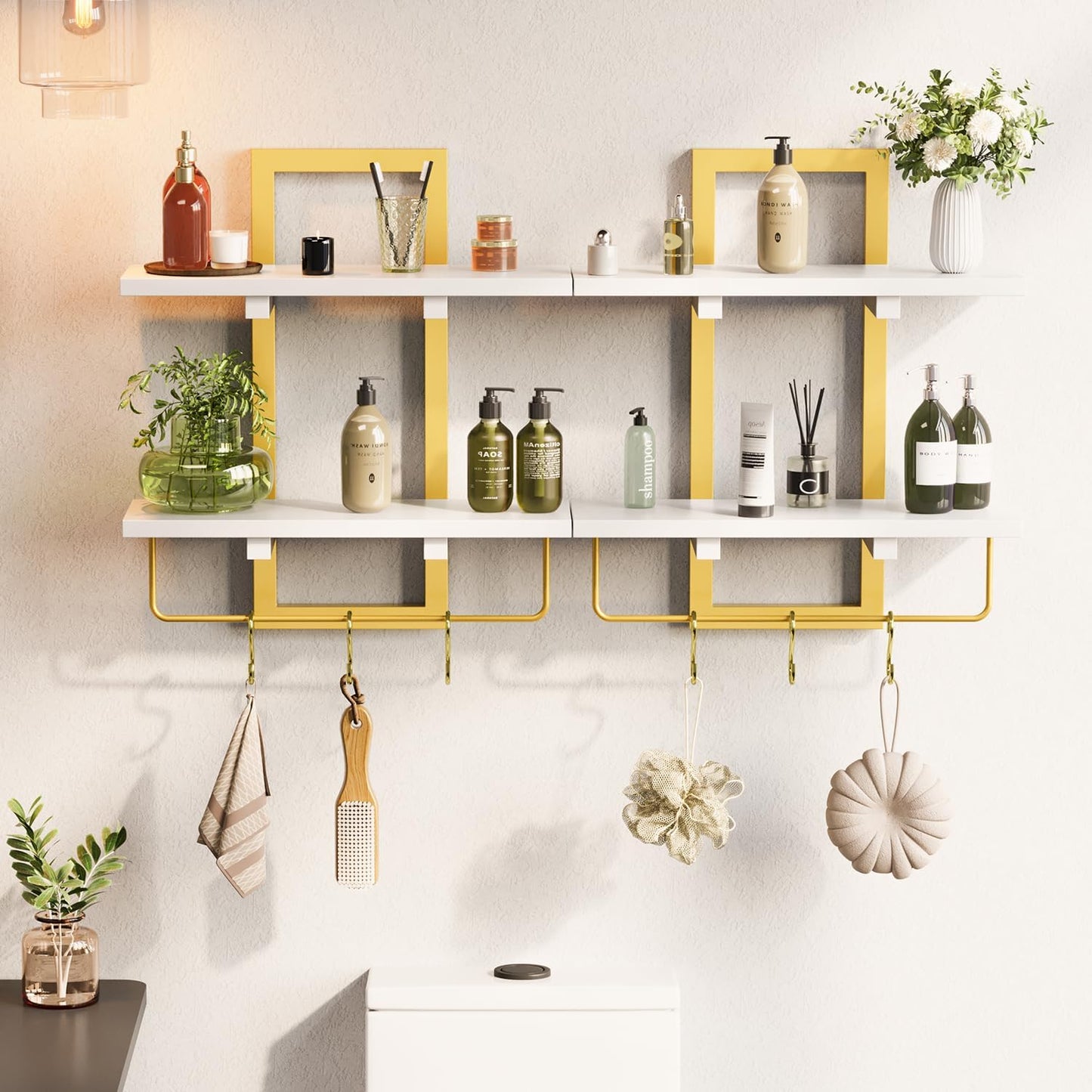 Floating Shelves, 15" Wall Shelf Set of 2, Hanging Bathroom Shelves 2-Tier, Wall Mounted Storage Shelves, for Living Room Bedroom Bathroom Kitchen Office Coffee Bar, White and Gold