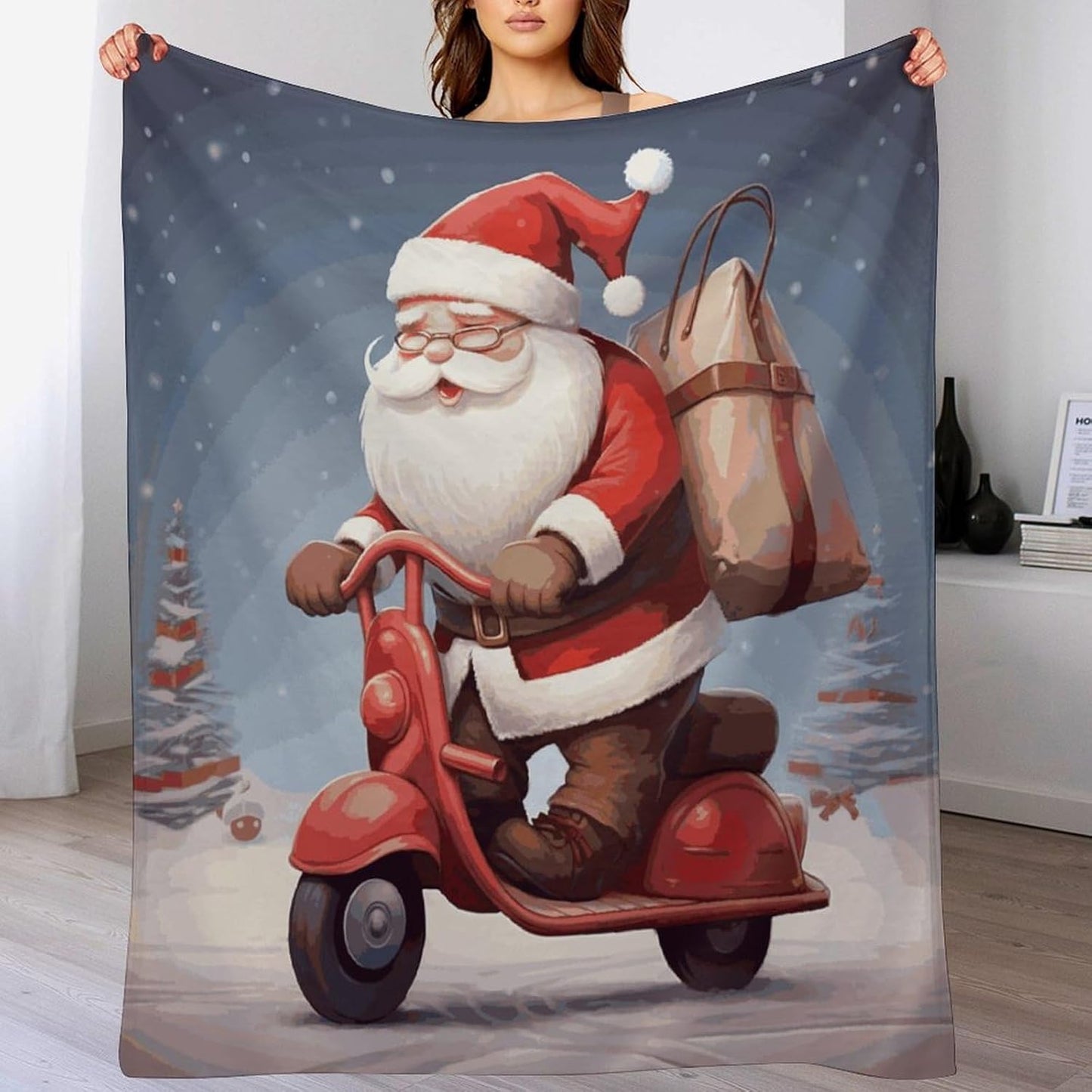 Santa Claus on Scooter Blanket Super Soft Lightweight Throw Blanket Cute Cozy Warm Bed Blanket Decorative Fuzzy Blanket All-Season Home Decor Gift for Sofa Couch Living Room 30"*40"（76 * 100cm）