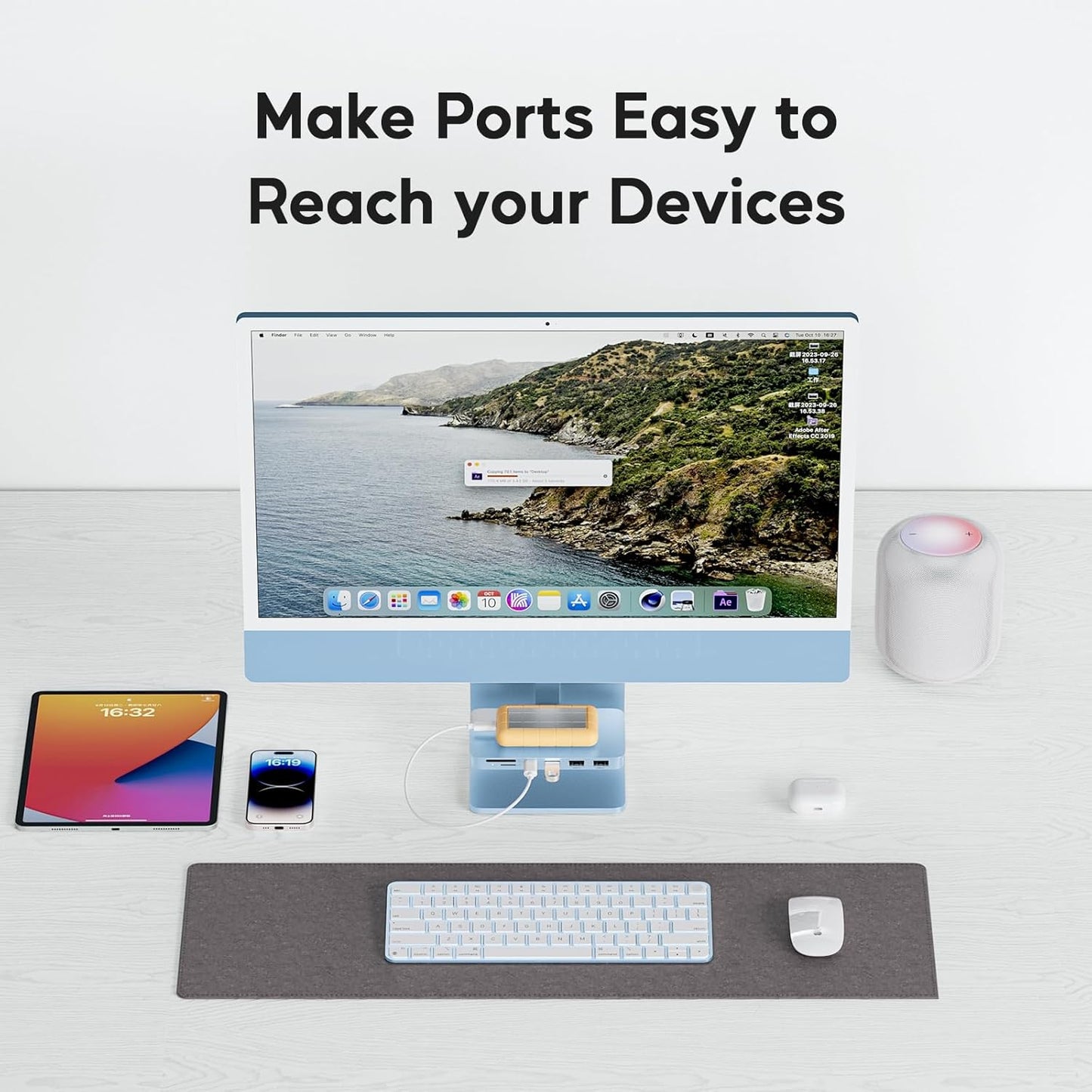 iMac Accessories for i-Mac 2021/2023/2024, PULWTOP USB C Hub for iMac with USB A/C 10Gbps, Hub for M1/M3/M4, 2USB A 2.0, SD/TF Card Reader for iMac24 inch & Studio Display 2 Blue