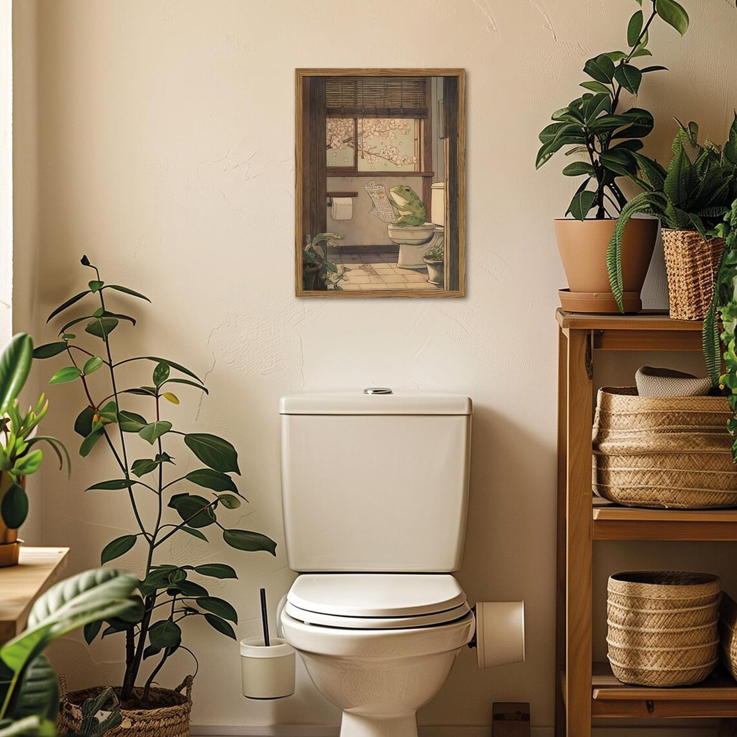Funny Japanese Frog Bathroom Wall Art Whimsical Frog Reading Newspaper on Toilet Wall Decor Picture Vintage Animal Restroom Poster Canvas Painting Print 16x24 inch Wood Framed