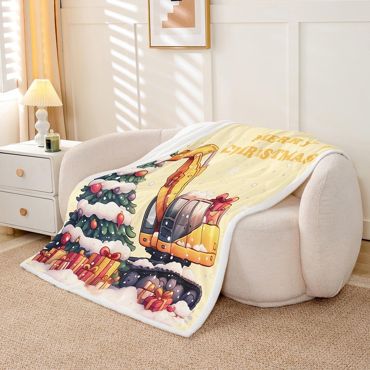 Christmas Excavator Flannel Blanket,Yellow Construction Vehicle Truck Fleece Blanket for Room Decor,Xmas Gifts Snowy Pines Trees Winter Snowflake Throw Blanket for Sofa Couch,Throw 50"x60"