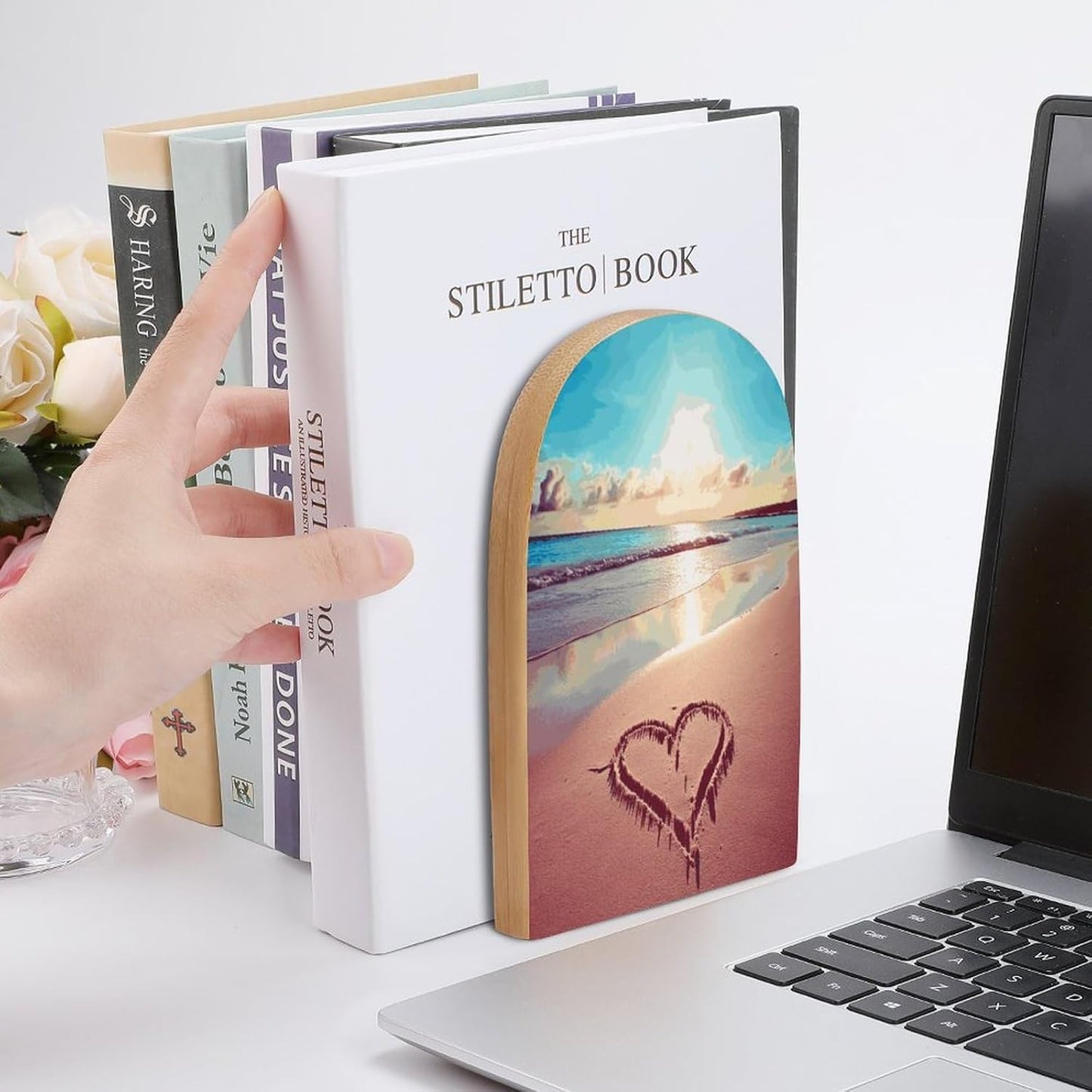 Love Beach Bookend for Shelves Wooden Book End Large Size Sturdy Book Holders Stoppers with Metal Base for Bookshelves Slick Decorative Bookends Stands