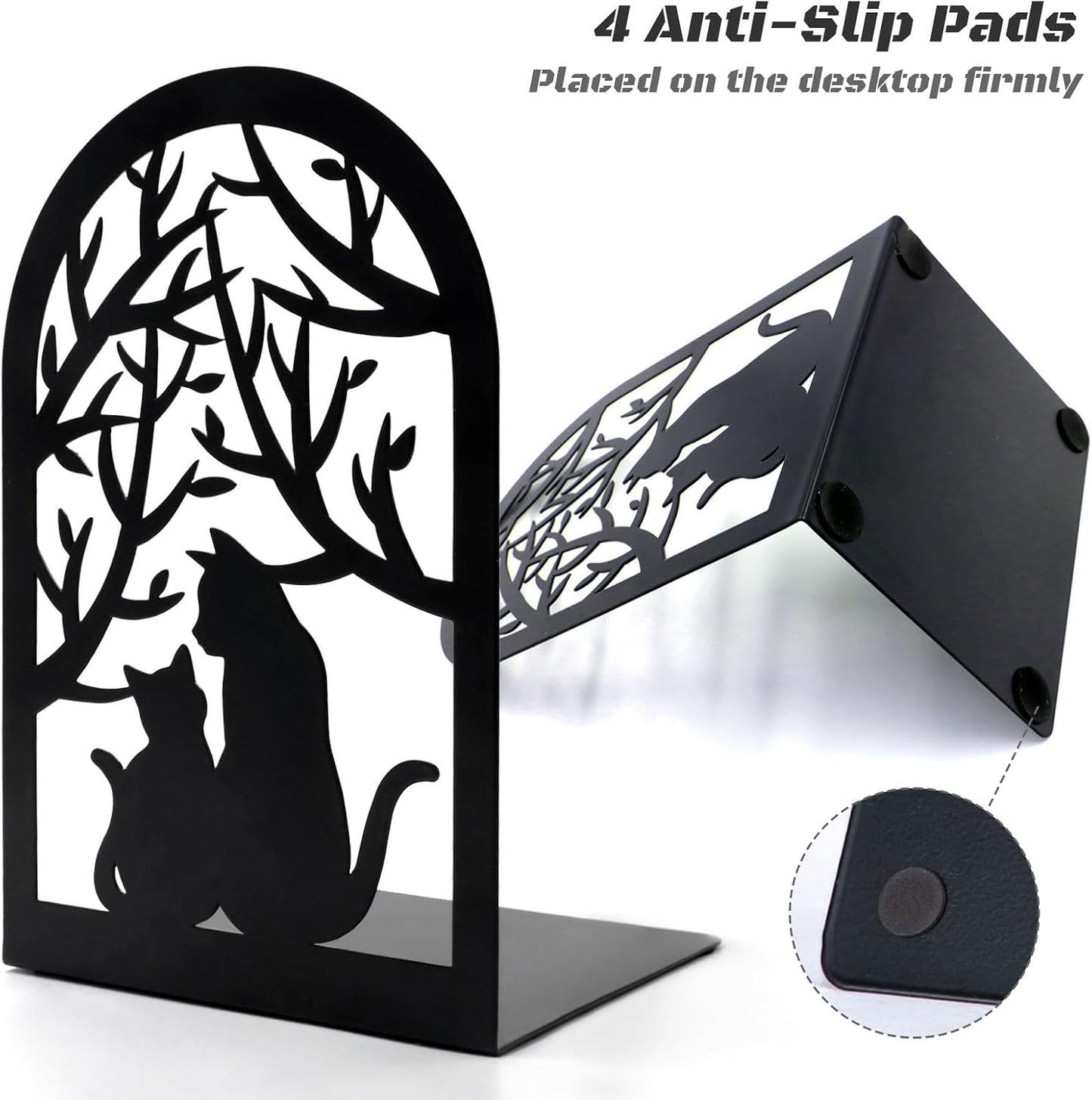 Book Ends, Bookends, Metal Bookend, Cat Decorative Bookends, Bookends for Shelves, Home Decorative Bookends for Heavy Books, Black Non-Skid Book Stopper, 7 x 4.7 x 4 inch (2 Pair)