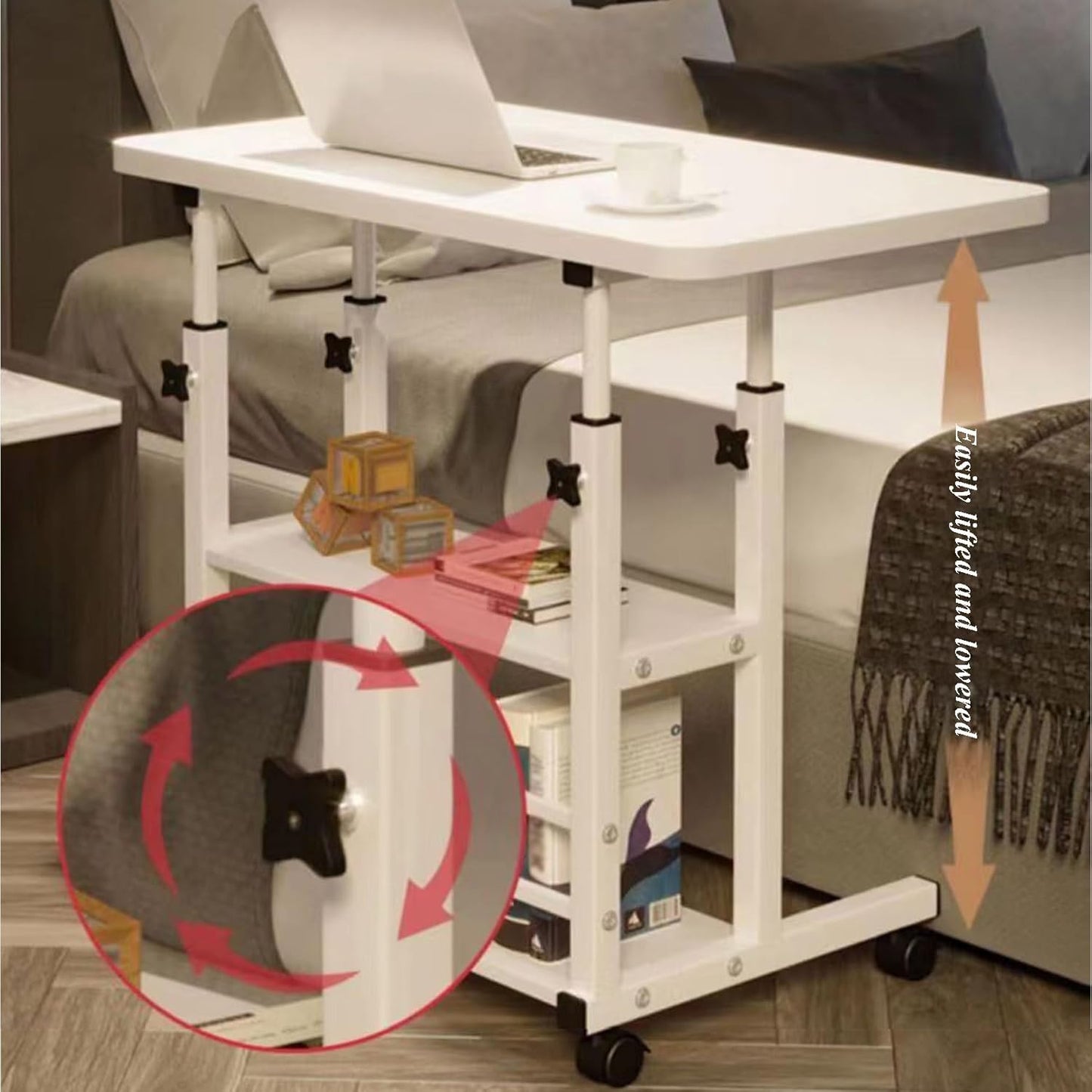 Overbed Table with Wheels, Height Adjustable Rolling Tray Table, Hospital Bed Table, Over Bed Bedside Rolling Laptop Table for Over Bed Sofa Reading Eating
