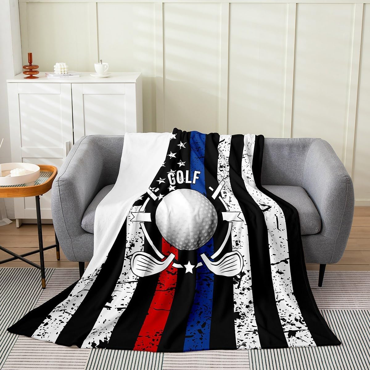 Erosebridal Golf Blanket Throw 50x60 Inch, Ball Sports Lover Throw Blanket American Flag Fleece Blanket, Sports Games Lightweight Bed Blanket Golf Ball for Kids Boys Teens Men