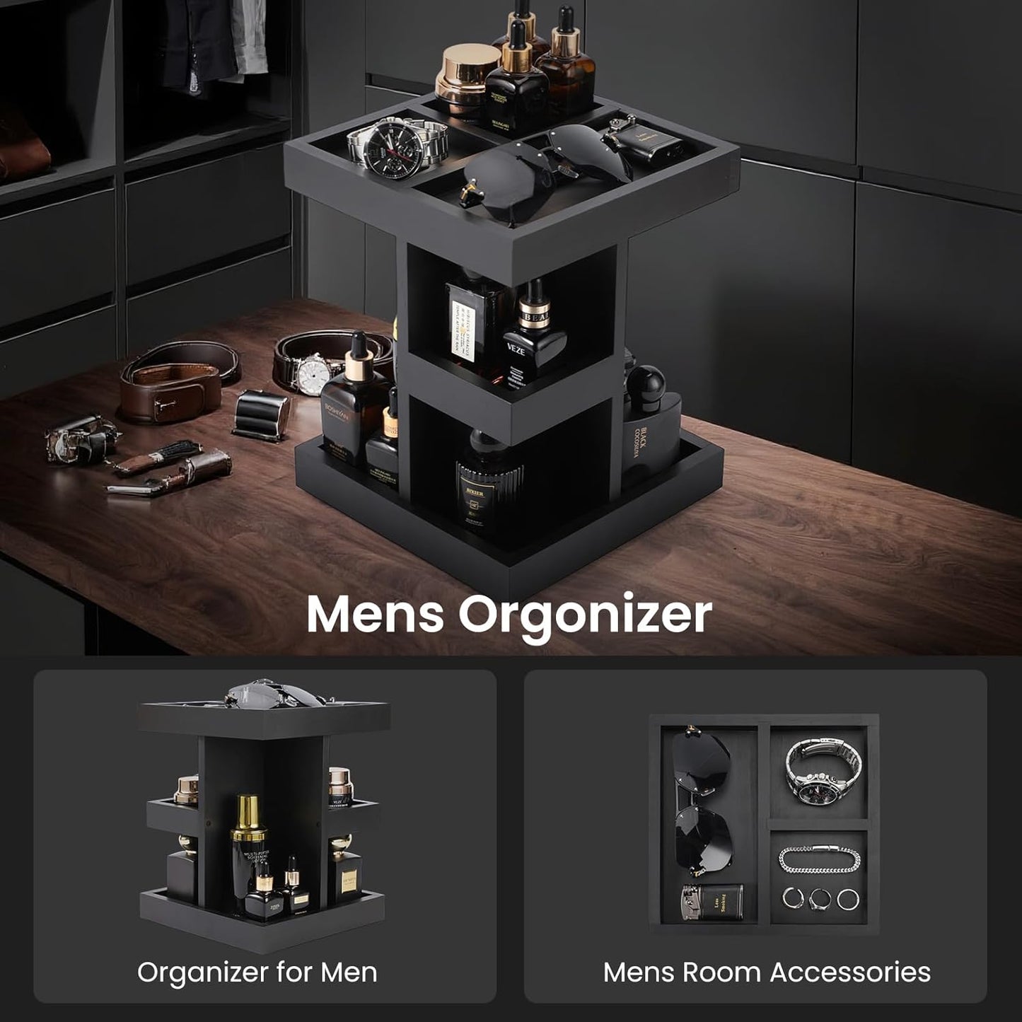 EXIN DECHEN Cologne Organizer for Men,Cologne Stand,3 Tier Wooden Perfume Shelf with Rotate,Desk Organizer,Gift for Dad From Wife,Husband Boyfriend Birthday Gift Ideas,Fathers Day Gift for Men