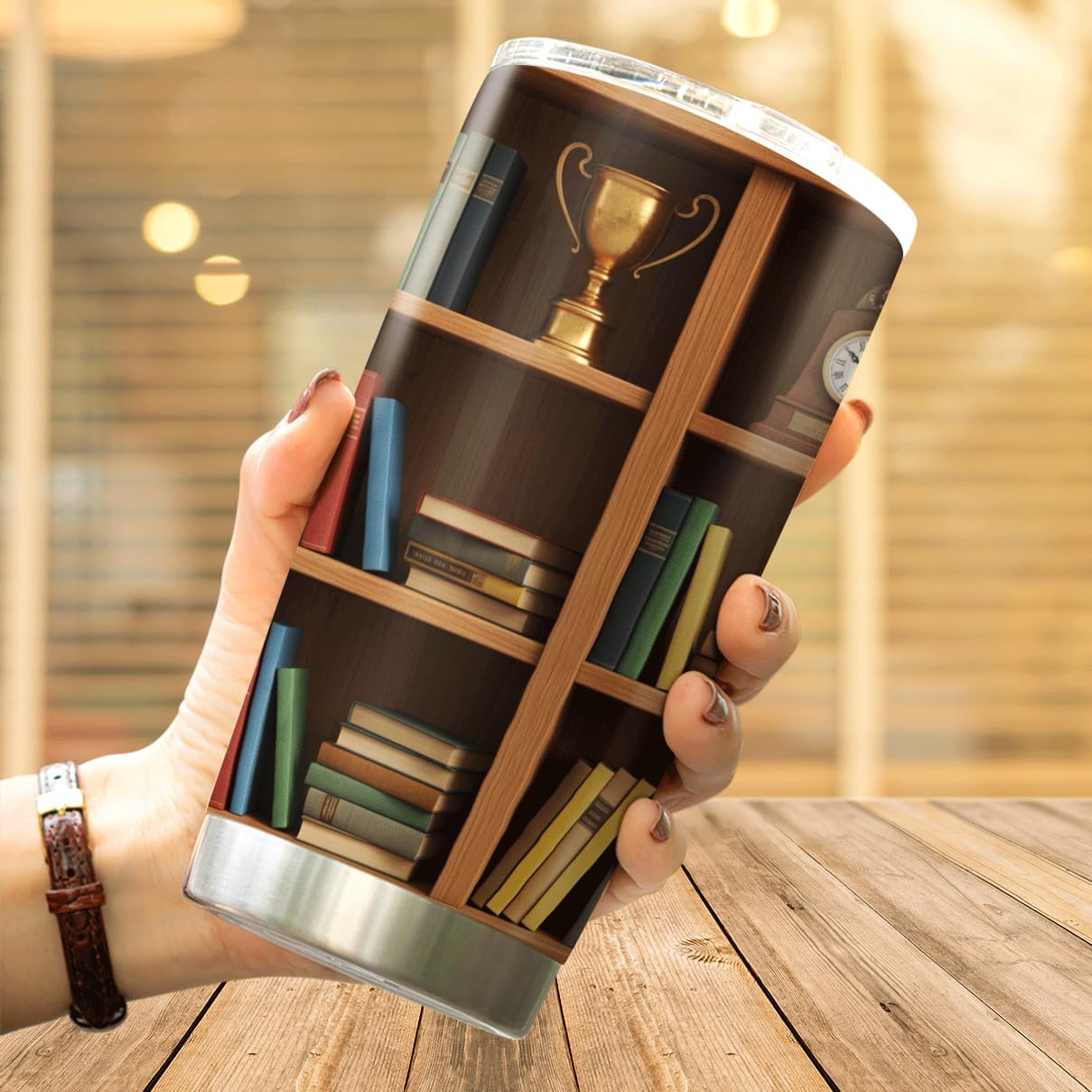 CUBICER Bookshelf Design Stainless Steel Tumbler 20 Oz For Book Lovers Teachers Librarians And Writers Gift Reading Enthusiasts Heat Coffee Iced Insulated Hot Cool Travel