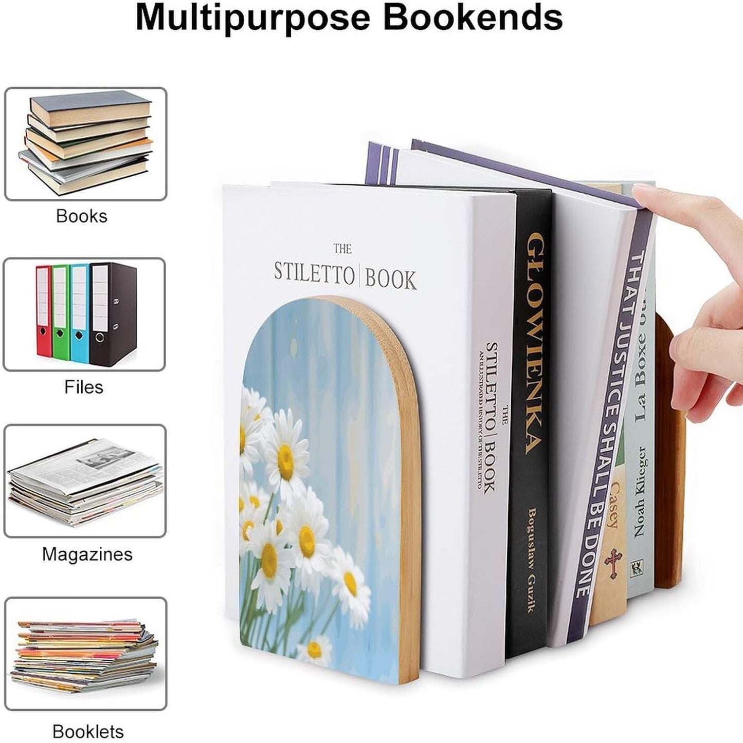Non-Slip Bookend for Shelves Elegant Spring Daisy Flowers Wooden Bookends with Metal Base Decorative Book Stopper for Home Heavy Duty Wood Book Storage for Books/CDs