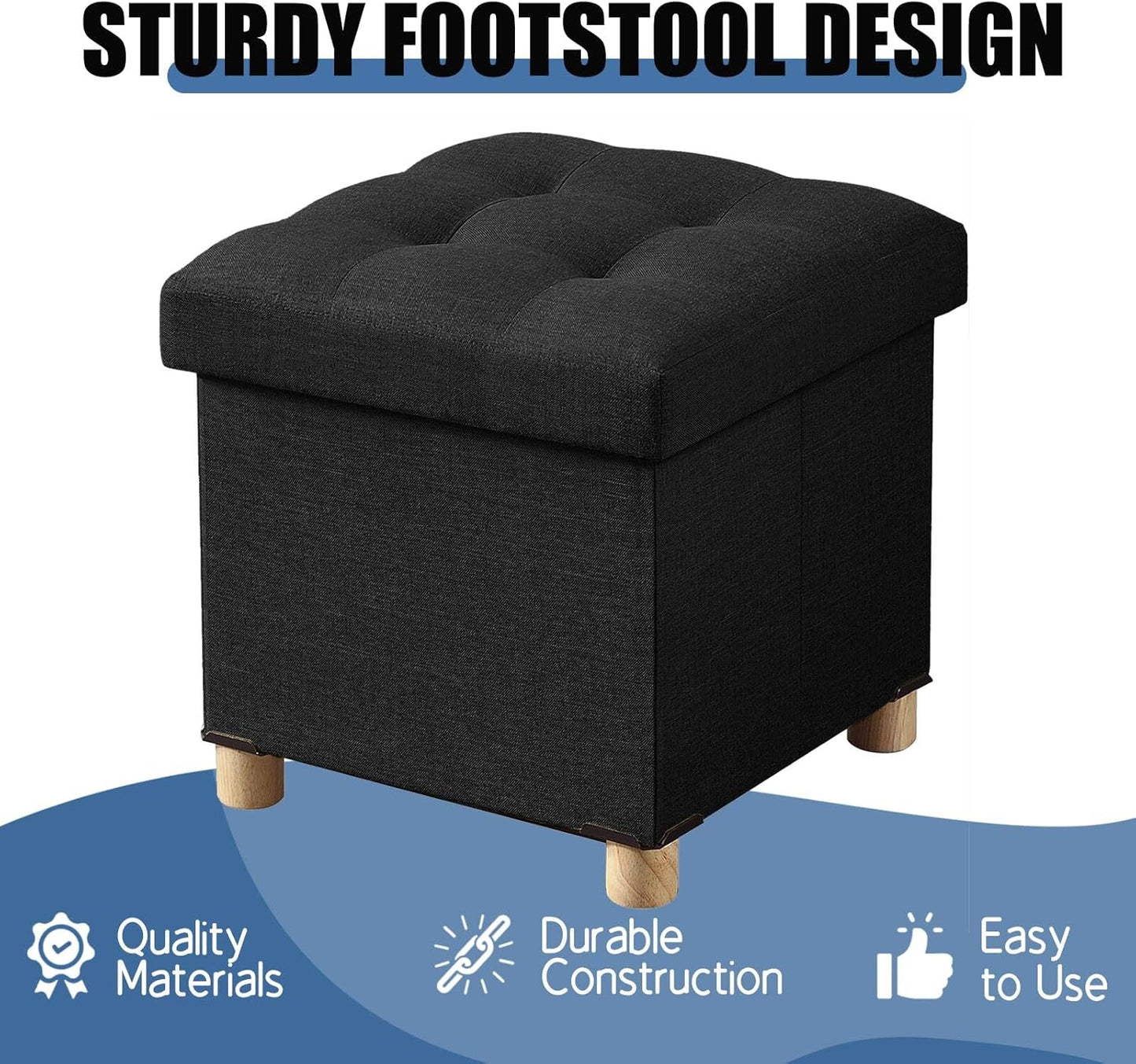 BRIAN & DANY 15 Inches Ottoman with Storage, Square Small Storage Ottoman Foot Rest with Legs, Ottomans Foot Stool for Dorm, Living Room, Entryway (Black)