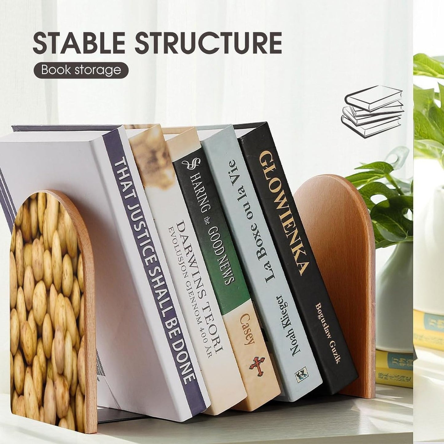 Garden Potatoes Wooden Bookend Non-Slip Book Ends Heavy Duty Book Stopper with Metal Base Books Holderd Decorative Bookends Stands Firmly for Office Supplies
