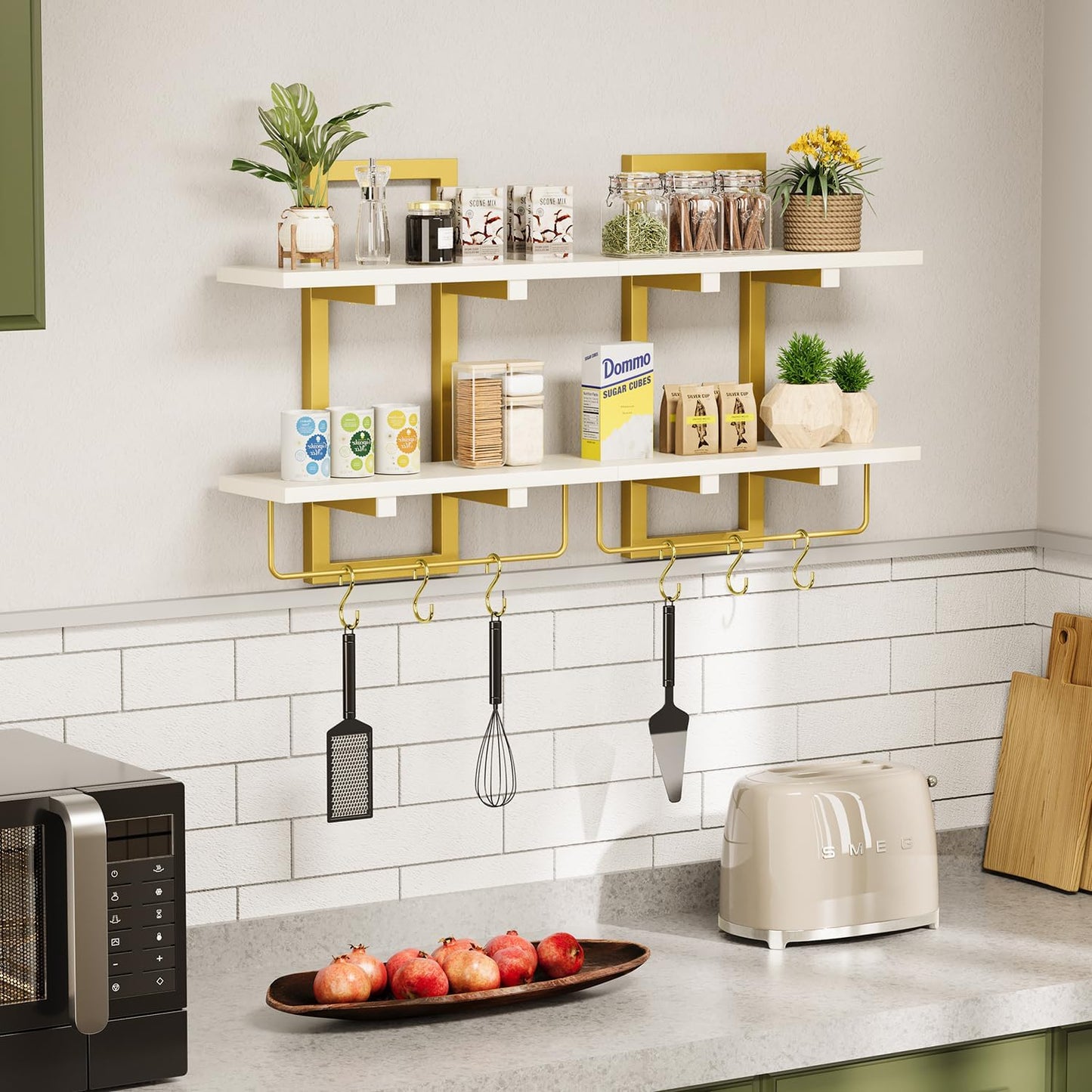 Floating Shelves, 15" Wall Shelf Set of 2, Hanging Bathroom Shelves 2-Tier, Wall Mounted Storage Shelves, for Living Room Bedroom Bathroom Kitchen Office Coffee Bar, White and Gold