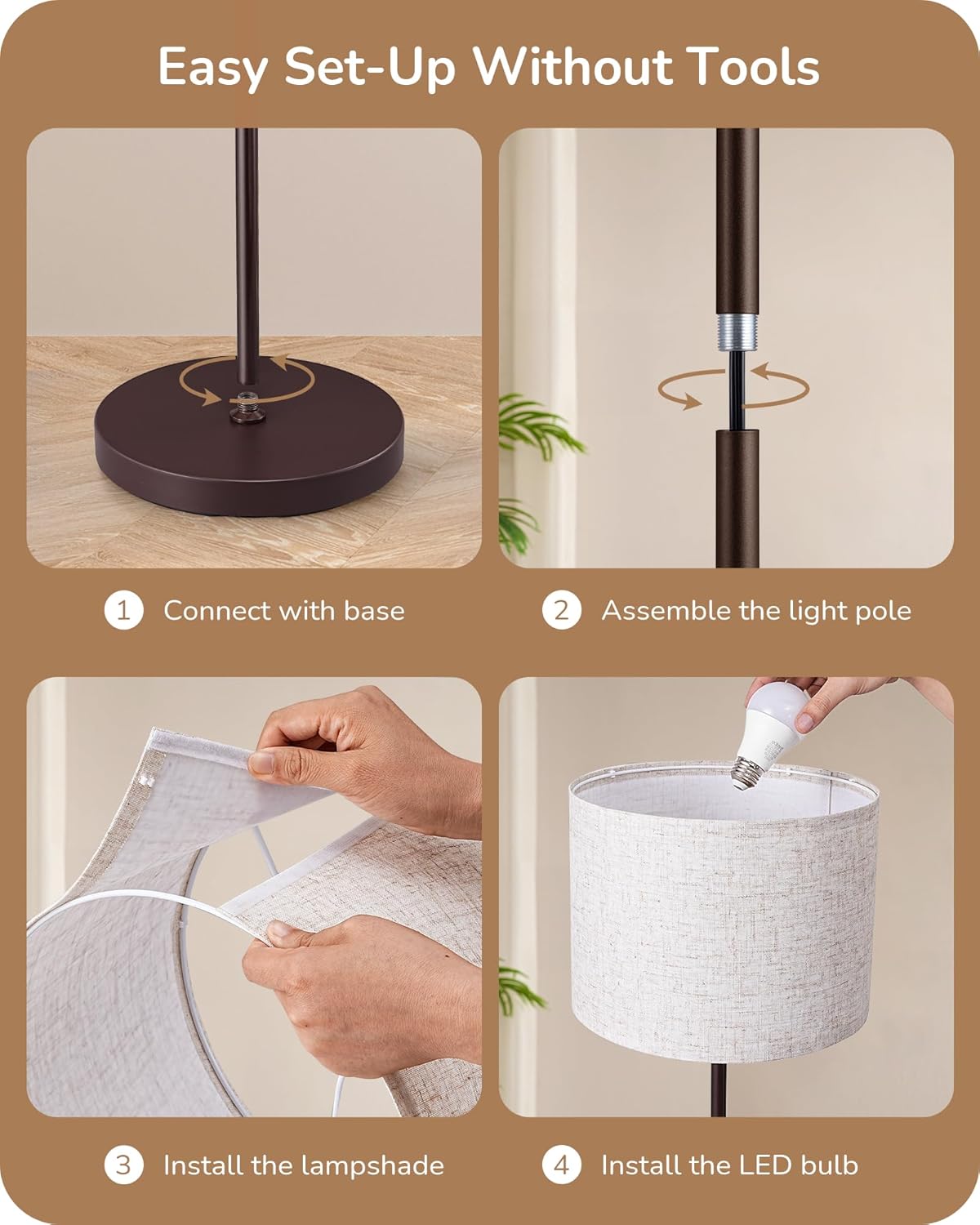 EDISHINE Minimalist Floor Lamp with 2 Shades, Adjustable Brightness & Color Temperature, Remote Control, Dimmable Modern Standing Lamp for Living Room, Bedroom, E26, A19 Bulb Included, Brown