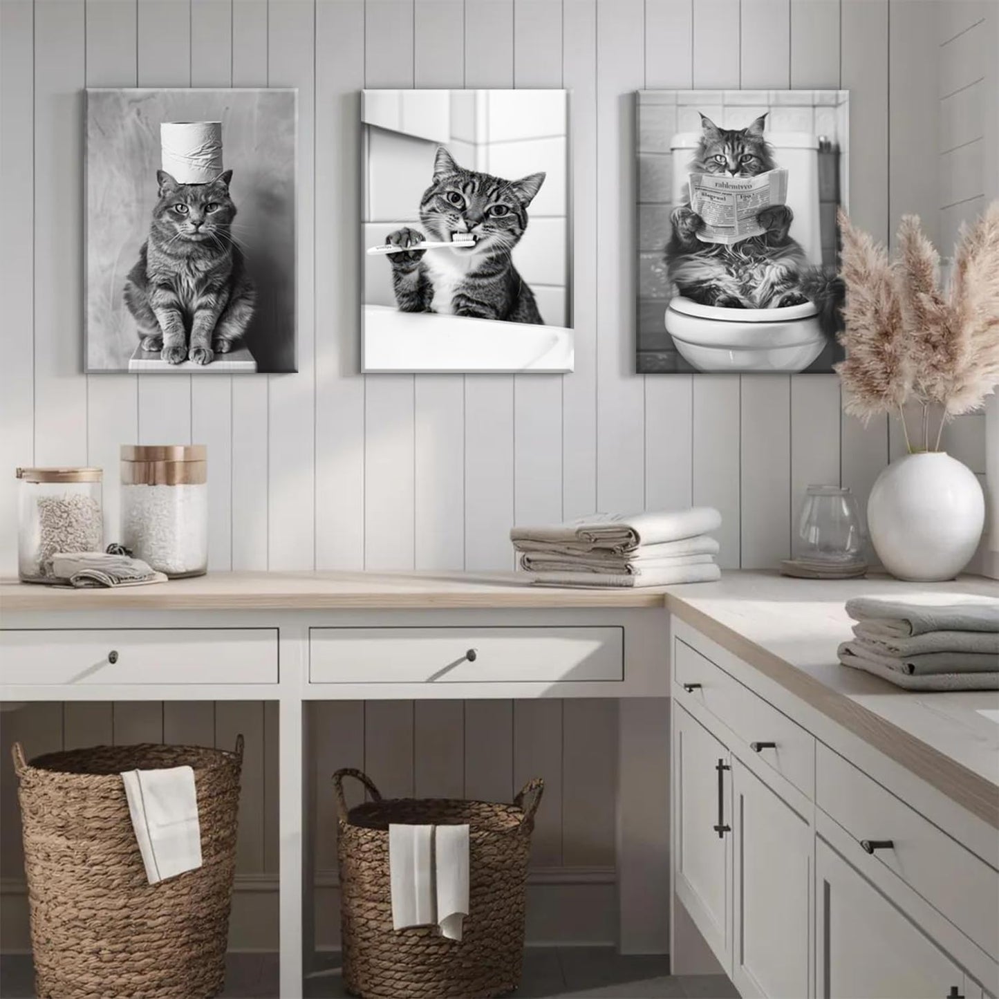 Framed Funny Black and White Cat Bathroom Wall Art Set of 3, Cute Cat on Toilet Pictures Wall Decor Paintings, Humor Animal Toilet Signs Canvas Prints for Bathroom Restroom 16x24 inch