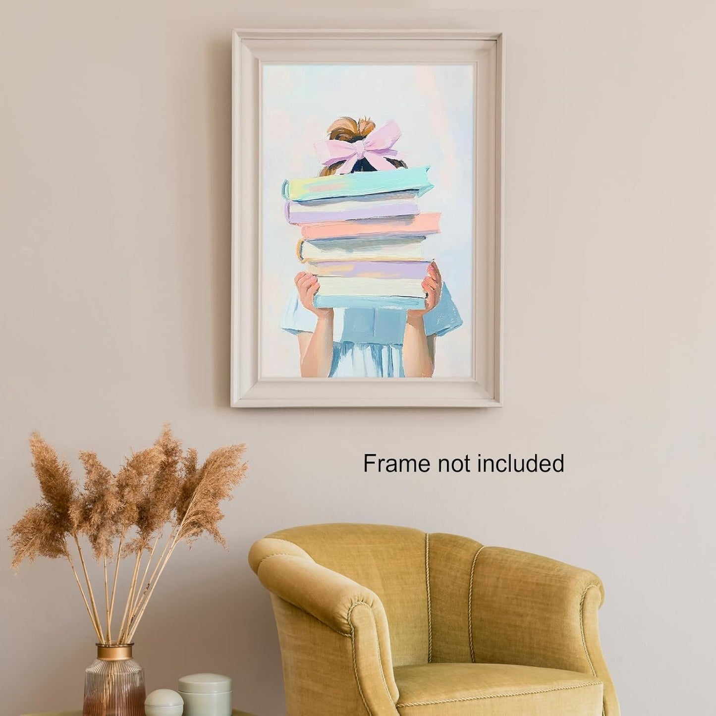 Little Blonde Girl With Stack of Books Canvas Wall Art Poster - Pink Bow Girl Reader Library Wall Decoration Aesthetic Poster for Nursery Girl's Room Decor 12x16in Unframed