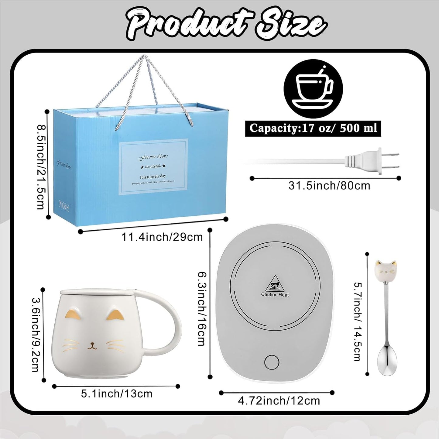 Cat Coffee Cup Coffee Warmer with Mug for Women Electric Mug Heater Temperature Control Ceramic Cute Cat Warmer for Office Valentine' Day Birthday Gift(White)