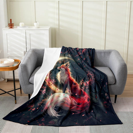 Exotic Fox Flannel Blanket Warm Lightweight,Traditional Japanese Cherry Blossom Warm Blanket for Couch Sofa Decor,Boho Wildlife Fuzzy Blanket 40"x50",Gothic Moon Sky Fleece Blankets