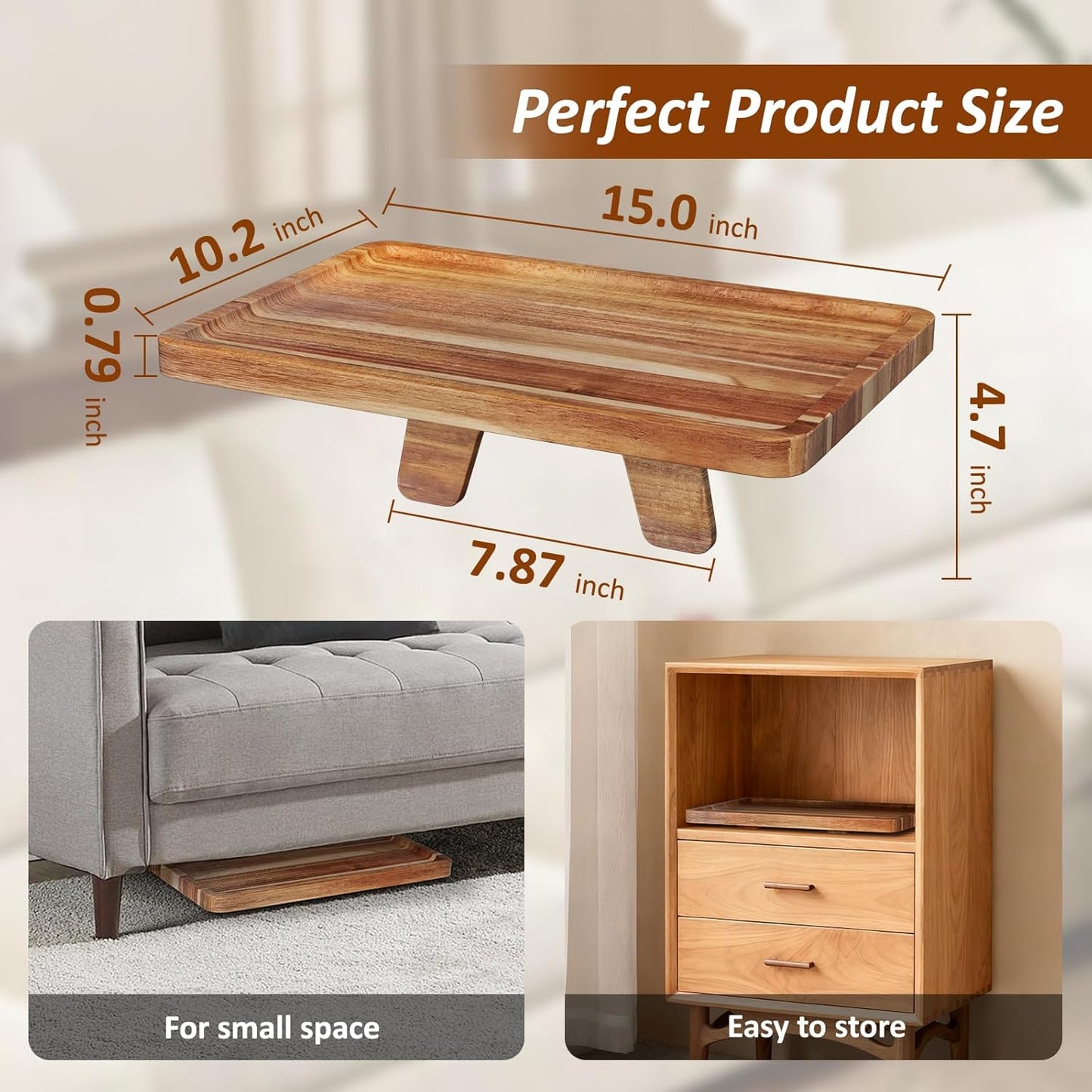 Acacia Wood Couch Tray, Folding sofa Table Insert for Middle Portable Couch Armrest Trays Perfect for Drinks, Snacks, Phone, Remote Control,14.96x10.23-inch (Rectangle)
