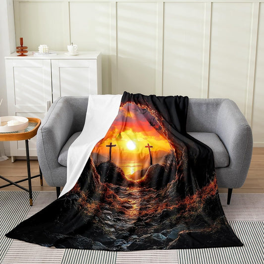 Feelyou Beautiful Scene Plush Throw Blanket Queen 90"x90" Sunset Flannel Fleece Blanket Cave All Season Bed Blanket Mountain Orange