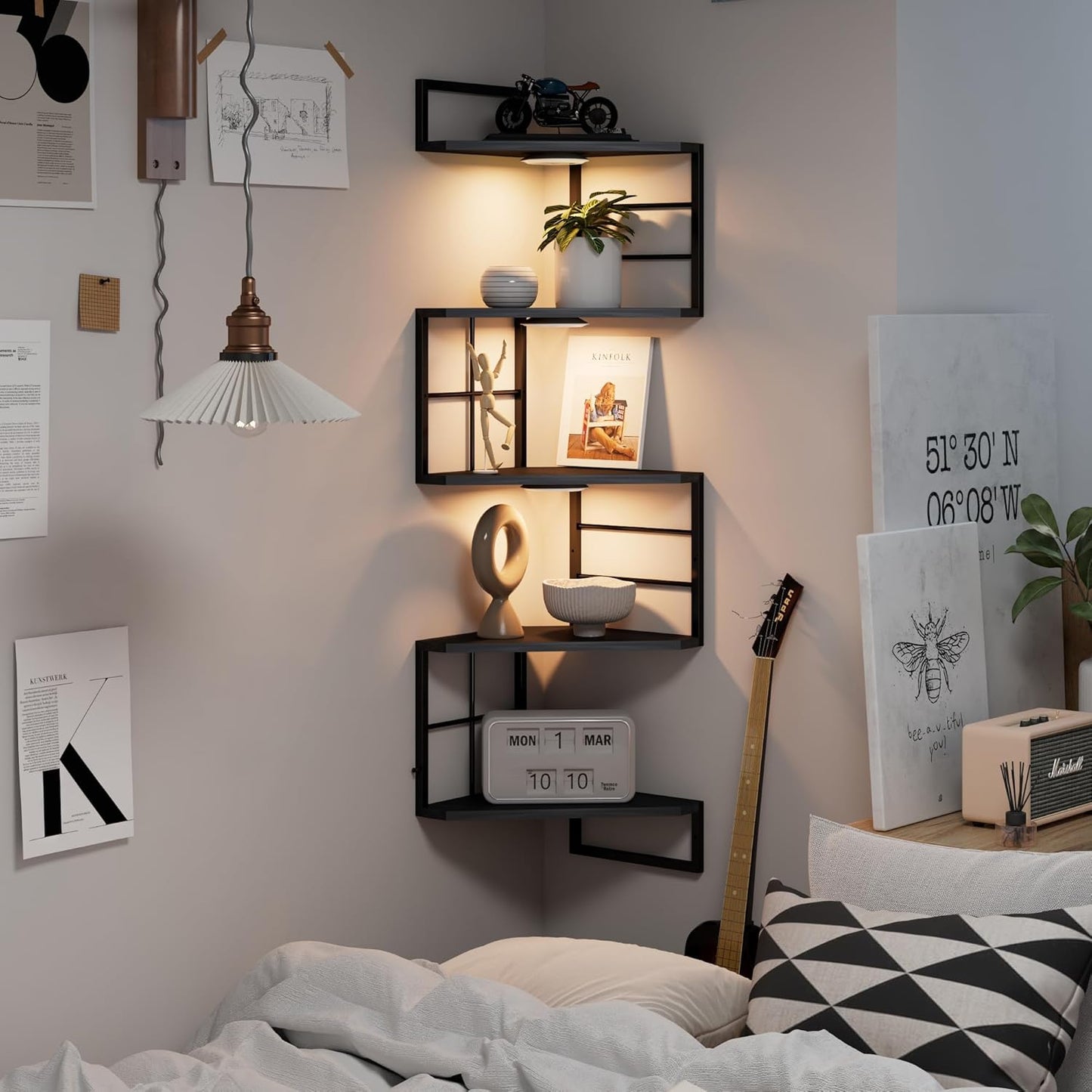 Floating Corner Shelves with Light - 5 Tiers Metal Corner Shelf Wall Mounted for Bedroom Living Room Office Kitchen, Easy-to-Assemble Corner Wall Shelves, Black