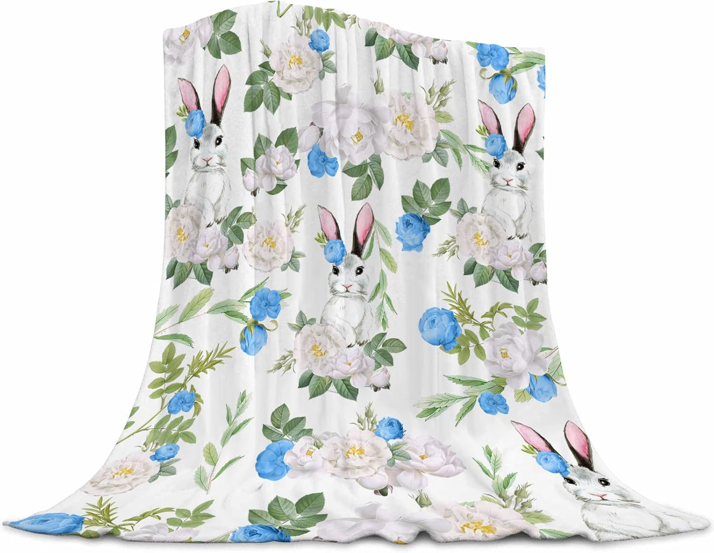 Easter Bunny Floral Blanket - Cozy Fuzzy Plush Warm Spring Watercolor Floral Rabbits Blanket for Decorations - 60x80 inch