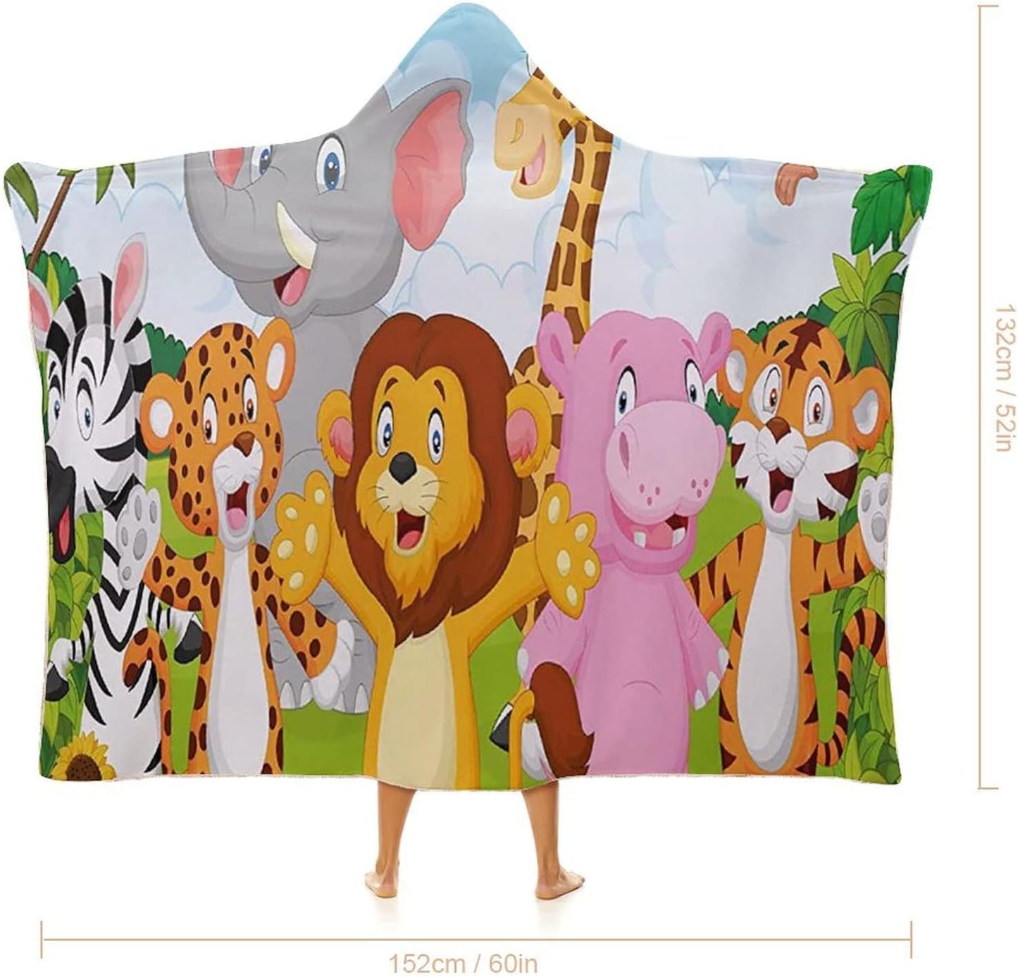 Throw Blankets, Nursery Women Men Hooded Blanket, Comic African Savannah Animals Playful Friendly, Soft Warm Cozy, 50 x 60inches, Studying Reading Snuggling Napping Office, Multicolor