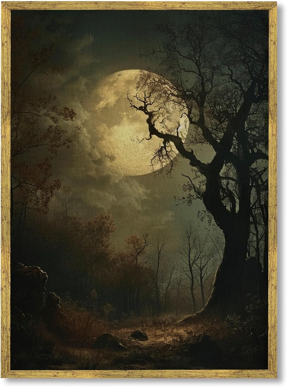 Balsuka Moody Forest with Full Moon Wall Art Vintage Gothic Moonlight Poster Dark Aesthetic Decor Nature Canvas Print Victorian Mystical Landscape Painting for Bedroom Bathroom 8x12inch Golden Frame