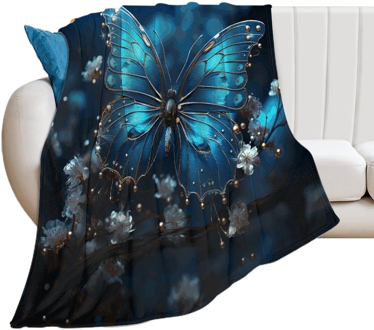 Blue Butterfly and Moon Throw Blanket for Couch Super Soft Warm Lightweight Throw Blankets Cozy Flannel Bed Blanket Cute Decorative Blankets for All Seasons Home Decor Gift 30"*40"（76 * 100cm）