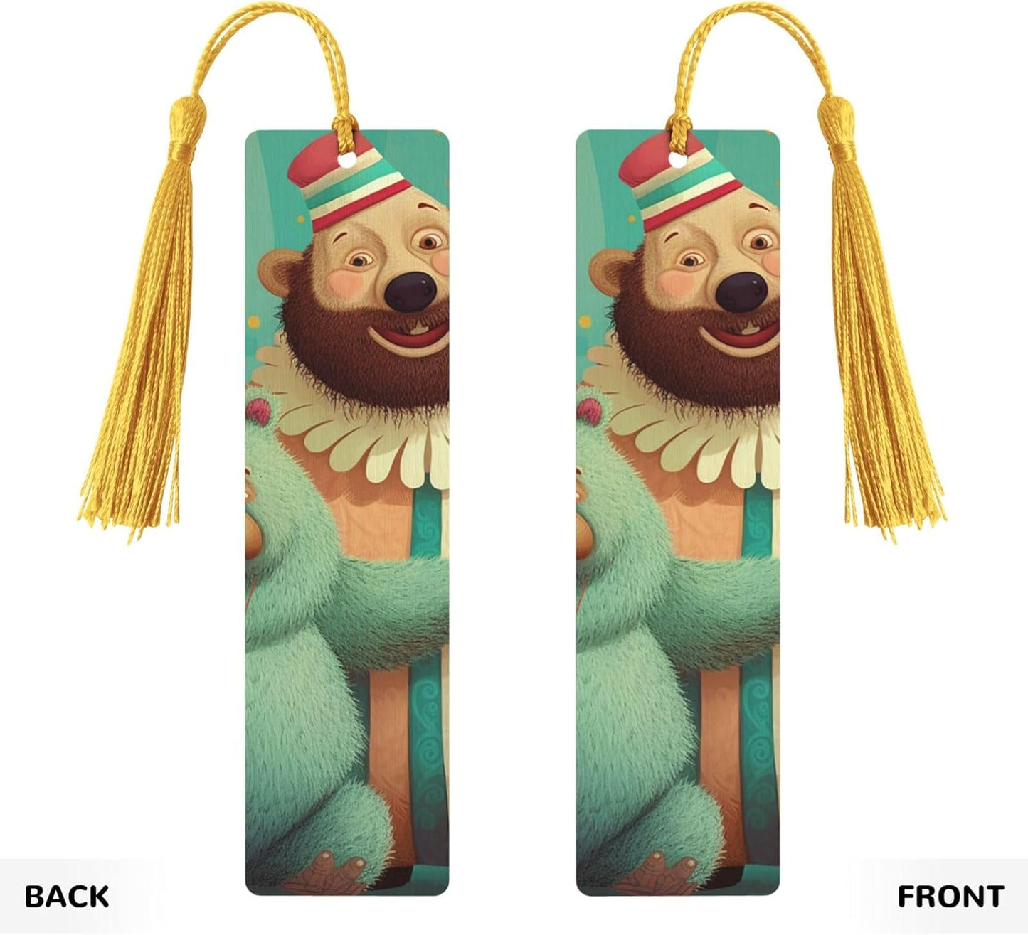 Clown and Bear Bookmarks Gifts for Women Men, Wooden Bookmarks for Book Lovers, Vintage Book Marks Ornaments with Tassel, Unique Personalized Reading Page Markers Gold