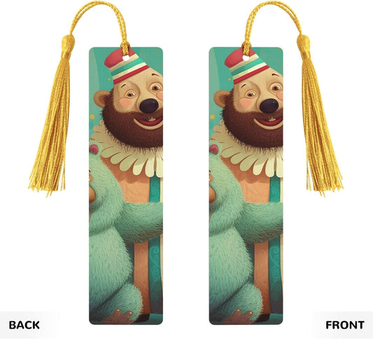 Clown and Bear Bookmarks Gifts for Women Men, Wooden Bookmarks for Book Lovers, Vintage Book Marks Ornaments with Tassel, Unique Personalized Reading Page Markers Gold