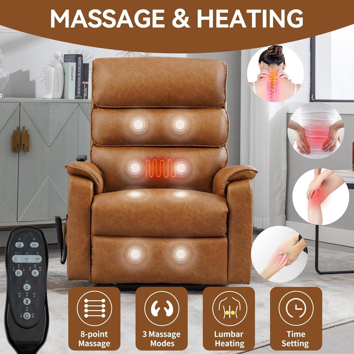 Luxury Dual Motor Power Lift Chair for Elderly, Infinite Position Recliner with Heat and Massage, Breathable Leather High Back Sofa with Remote Control for Living Room