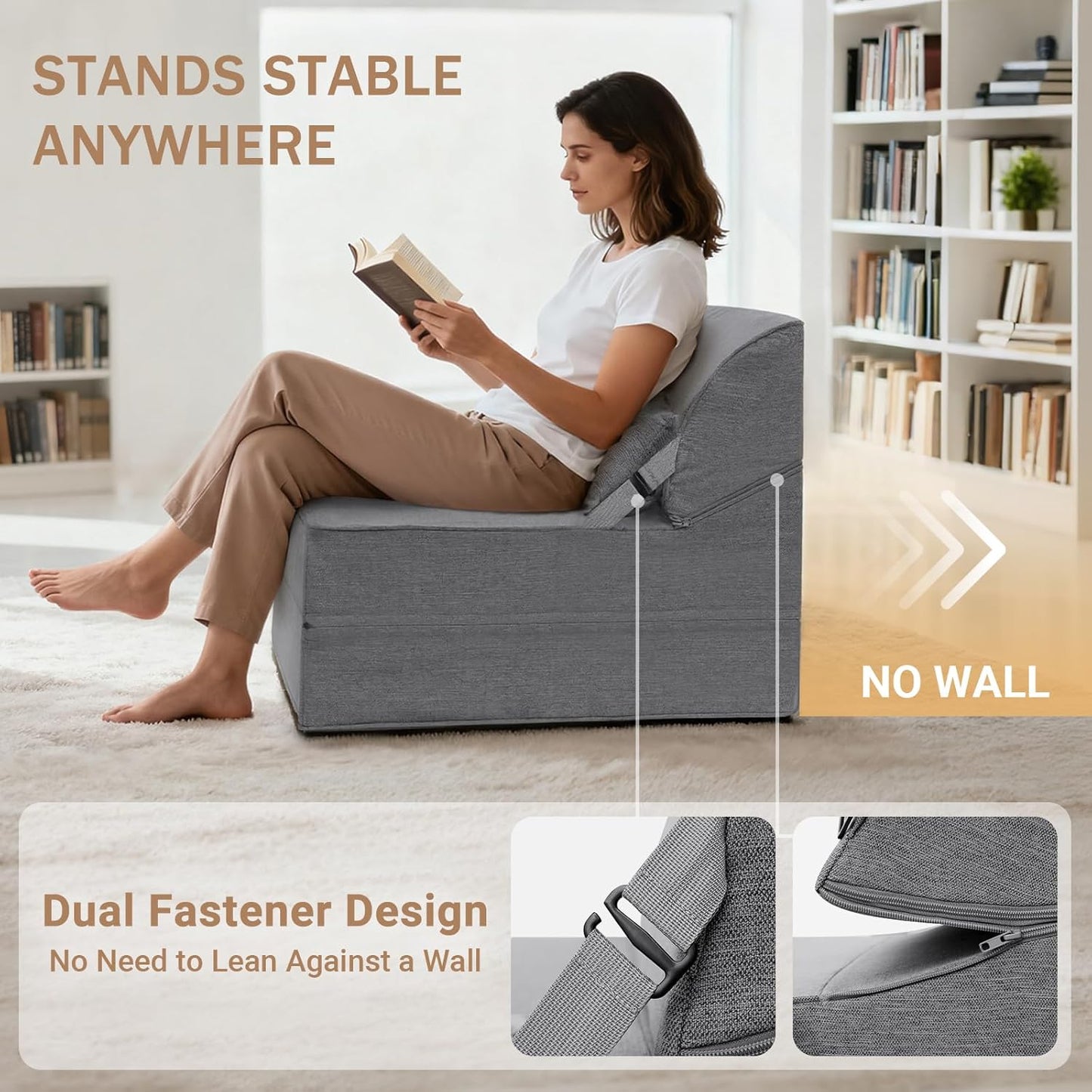 BeBen Folding Sofa Bed Chair, Convertible Sleeper Chair Futon Couch, Foldable Boneless Floor Lounger Sofa, Single Foam Chair Bed for Small Spaces, Dorm, Guest Room, Living Room, Apartment, Grey