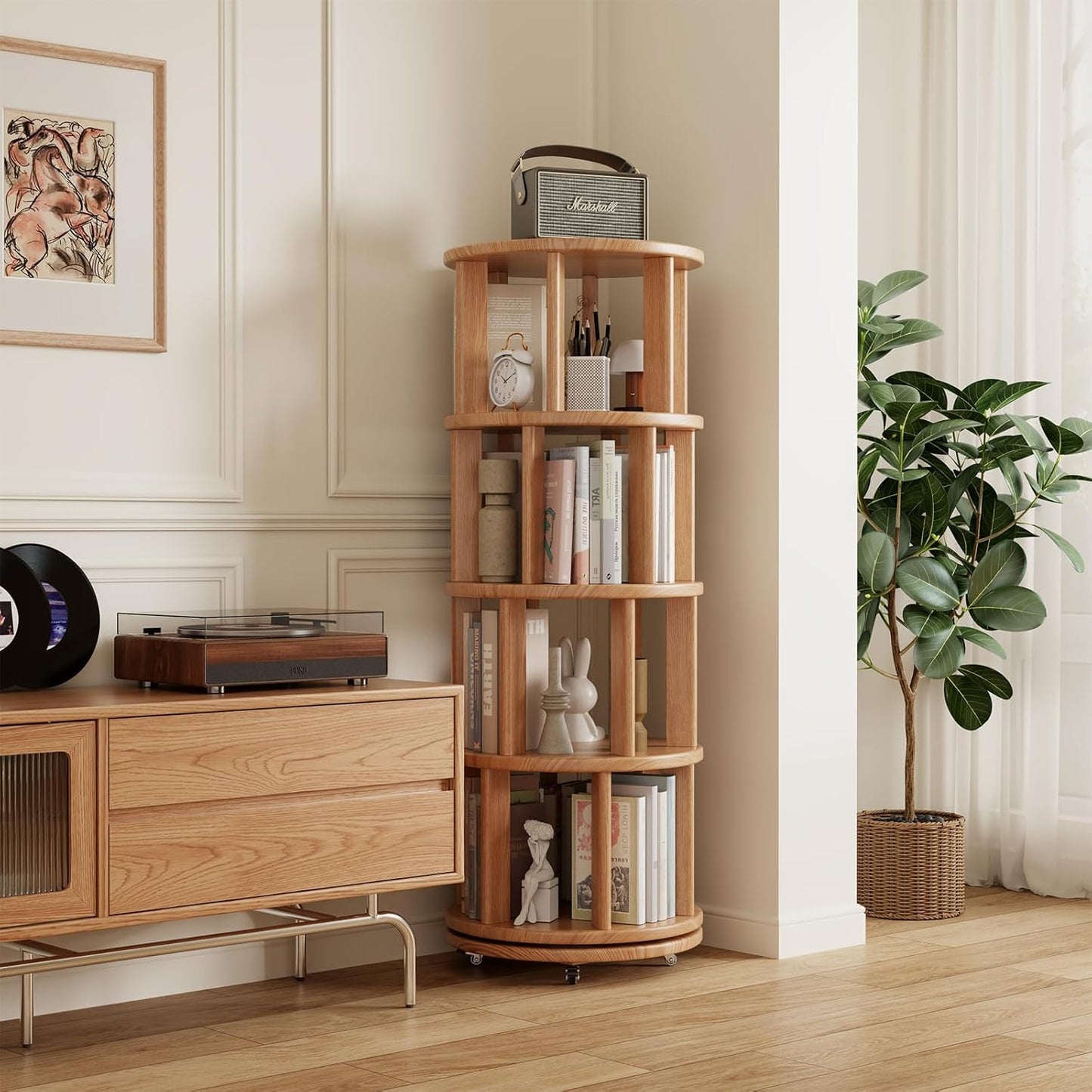 Mobile Rotating Bookshelf with Wheels - Solid Wood 360 ° Rotating Bookcase 4 Tier Revolving Bookshelf Spinning Bookcase Tower Corner Shelf for Small Space