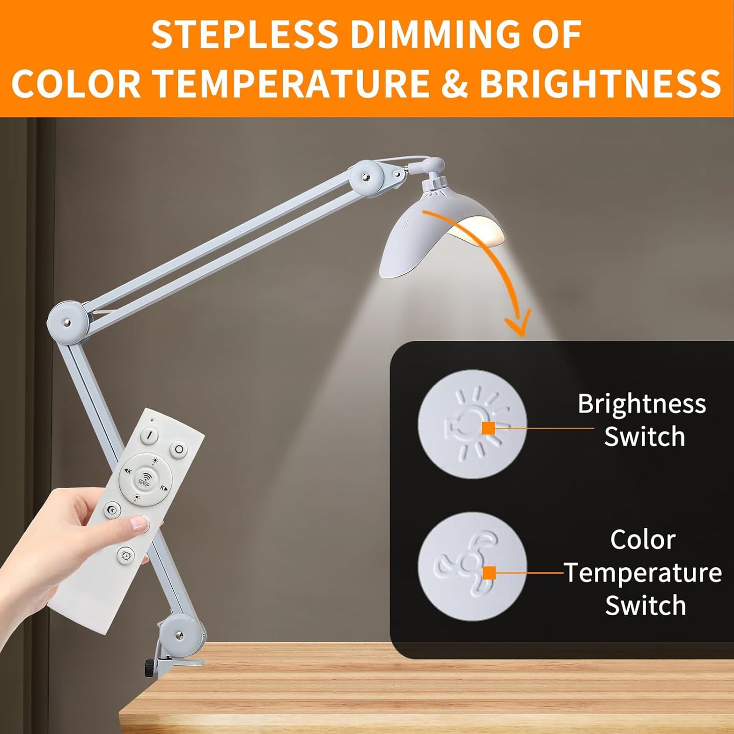 Upgraded 22" LED Desk Lamp with Clamp, 48W CCT Dimmable Home Office Lighting, Remote & Touch Control Swing Arm Task Light for Reading, Study, Drafting, Nail Art & Crafts, White