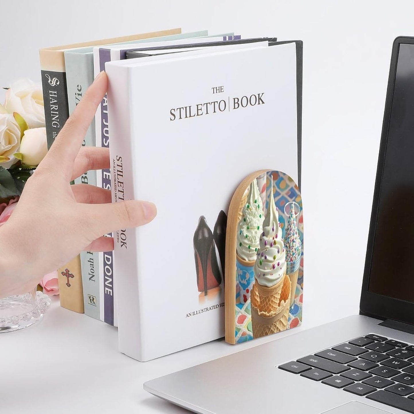 Sweet Ice Cream Bookends 1 Pair Heavy Duty Book Ends for Shelves Non-Skid Bookend Supports Wooden Book Holders with Metal Base Desk Organizers Books Storage to Hold Books