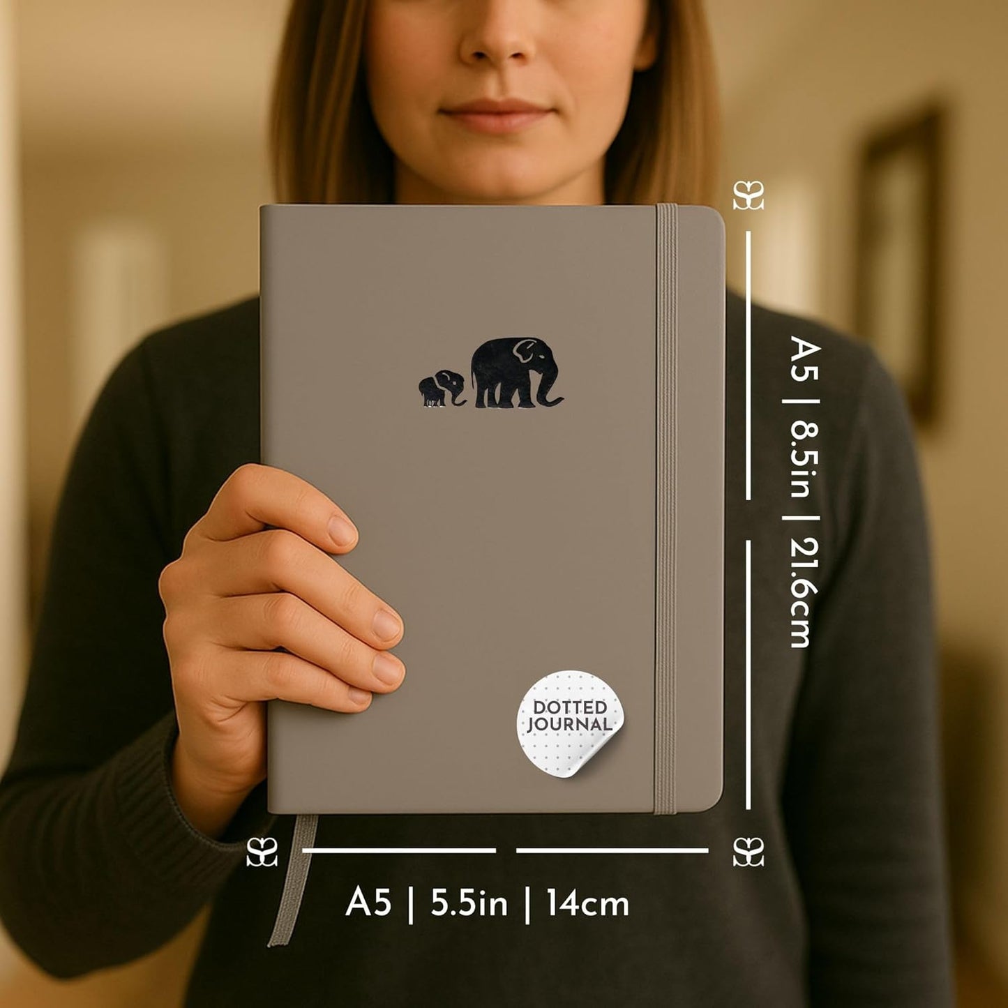 SETTINI Dotted Journal, Ideal for Bullet Journaling - A5 Vegan Leather Notebook, 192 Archival-Quality Pages, QuillEase Bleed-Free Paper, Inner Pocket & Bookmark - Elephant Gifts, Grey Elephants
