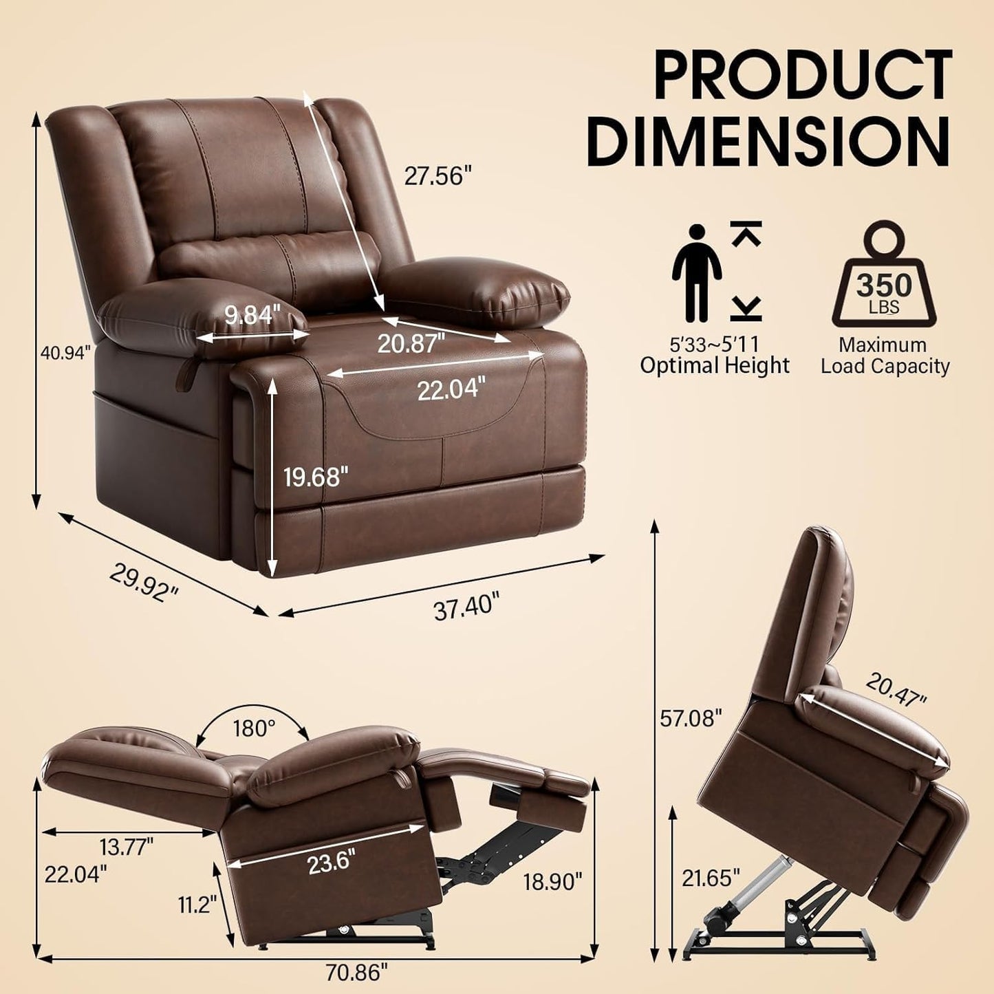 Dual Motor Power Lift Recliner Chair for Elderly, Infinite Position Sofa with Heat and Massage, Breathable Leather High Back Armchair with USB Port & Remote Control, Brown