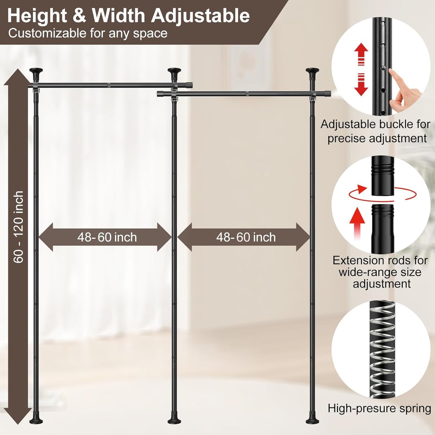 Room Divider Curtain Rod, Divider for Room Separation, 60-120inch(H) 48-120inch(W) Adjustable Room Separator, Heavy Duty Curtain Divider for Room Separation, Room Separators Divider Wall, Matt Black