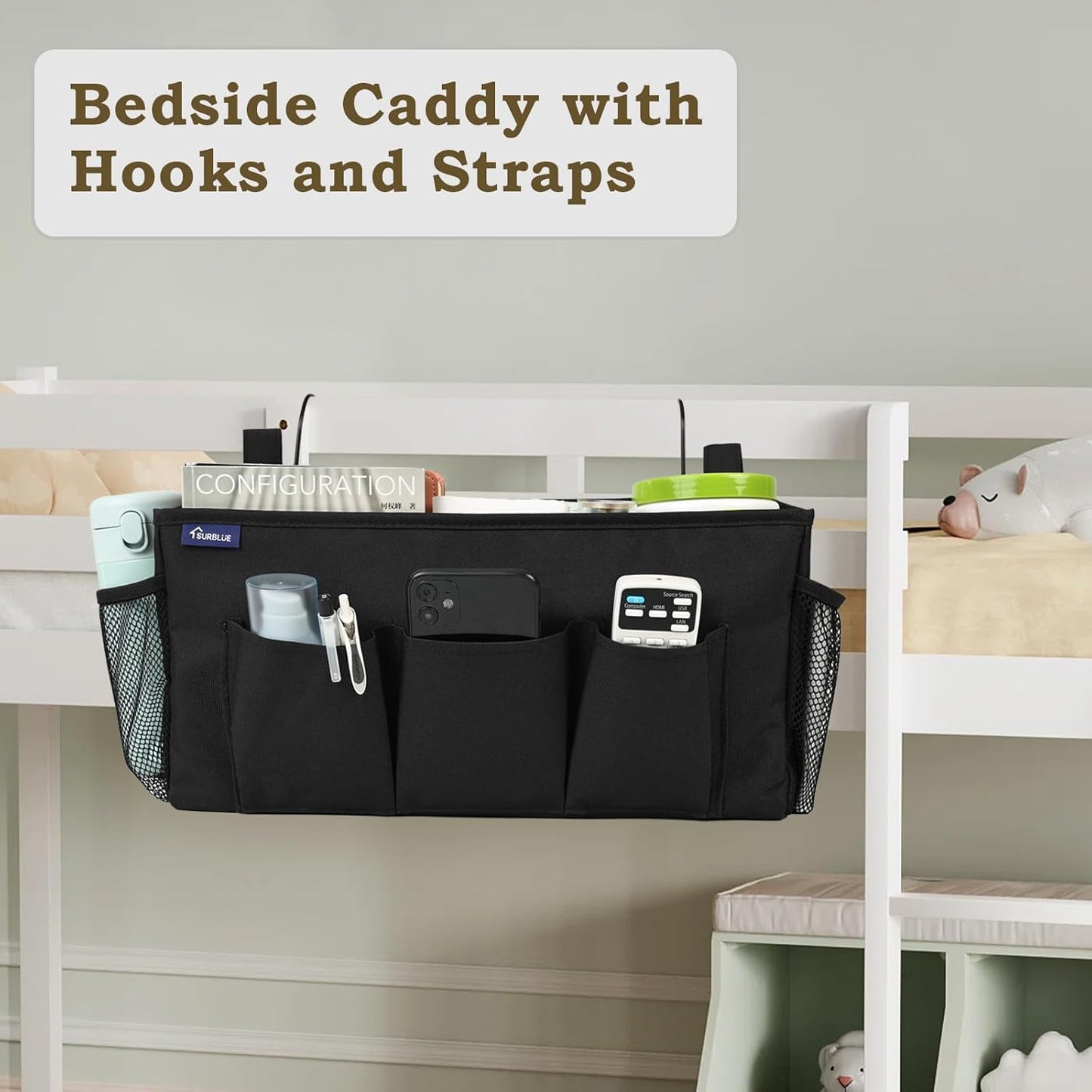 Surblue Bedside Organizer with Hook Bedside Caddy Hanging Storage Bag with Adjustable Strap and Water Bottle Holder for Home College Dorm Bunk Bed Accessories, Crib Bed Rail, Hospital Bed, Black, 2PCS