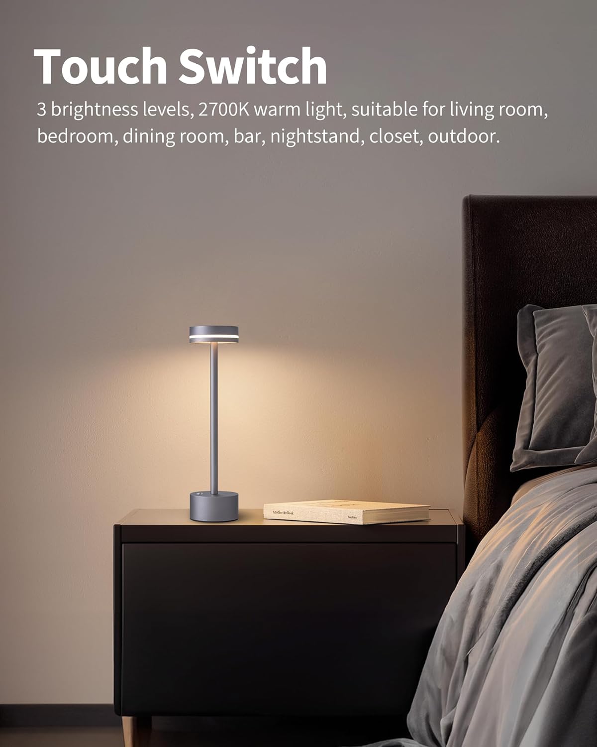 PUSU Portable Table Lamp Battery Powered LED Lamp Cordless Table Lights 3-Level Brightness Touch Control, for Home Office Bedroom Hotel Room Restaurant Outdoor(Gray)
