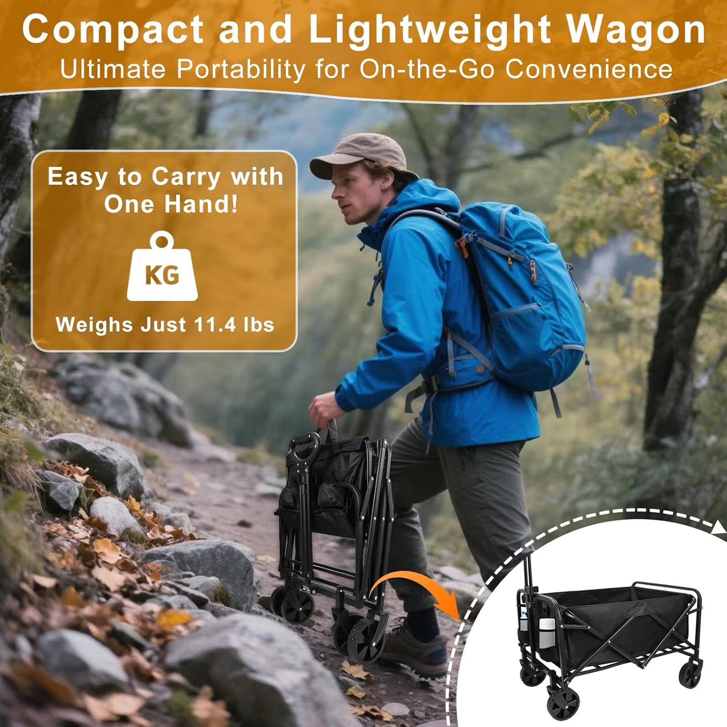 Heavy-Duty Collapsible Wagon Cart with Wheels, Lightweight Foldable Utility Cart with Adjustable Handle for Outdoor Use – Ideal for Grocery Shopping, Camping, Sports, Fishing, and More (Black)