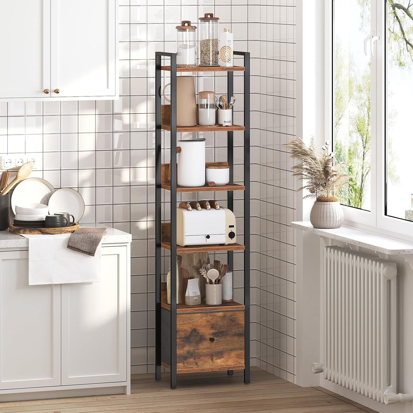 Bookshelf, 6-Tier Bookcase with Drawer, Small Book Shelf for Small Space, Storage Shelf Organizer, for Living Room, Bedroom, Study, Kitchen, Rustic Brown and Black BKHR66101
